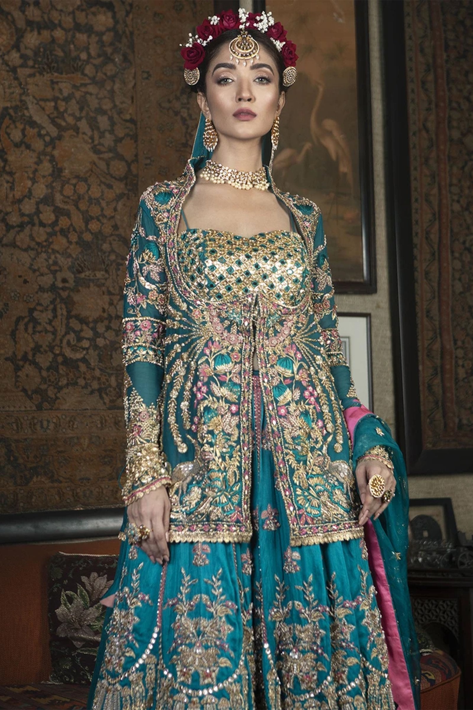 Pakistani Teal Mirror & Gota Work Silk Lehenga Choli (3-Piece) - Image 2