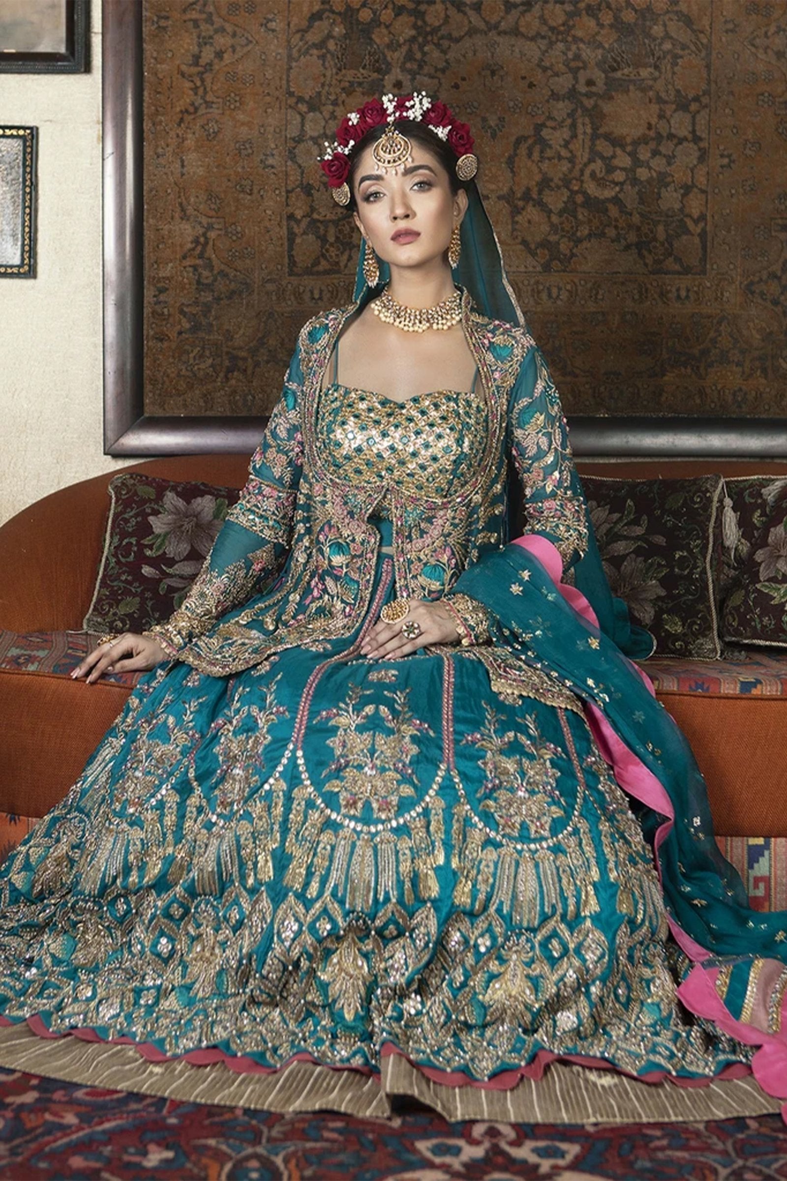 Pakistani Teal Mirror & Gota Work Silk Lehenga Choli (3-Piece) - Image 3