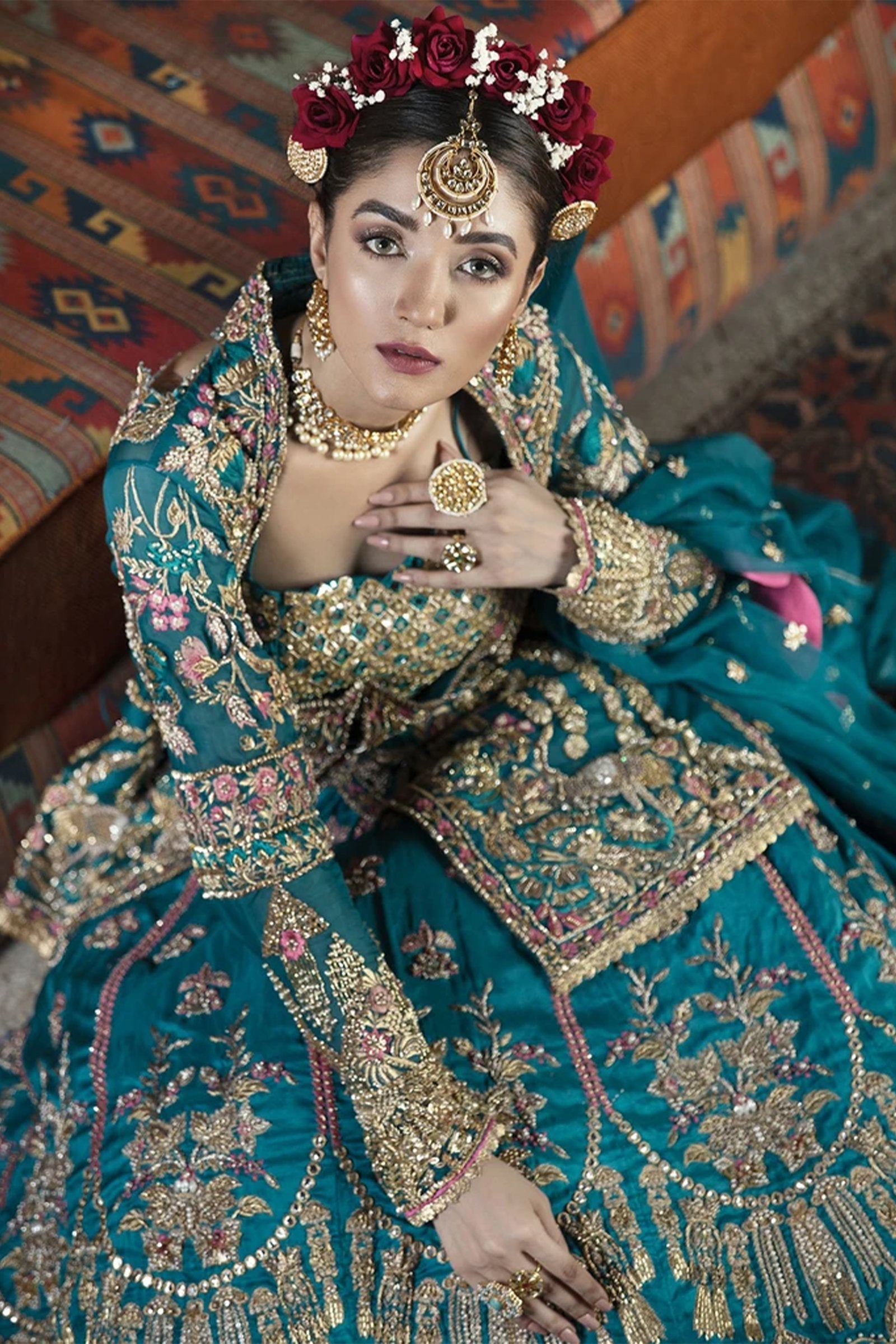 Pakistani Teal Mirror & Gota Work Silk Lehenga Choli (3-Piece) - Image 4