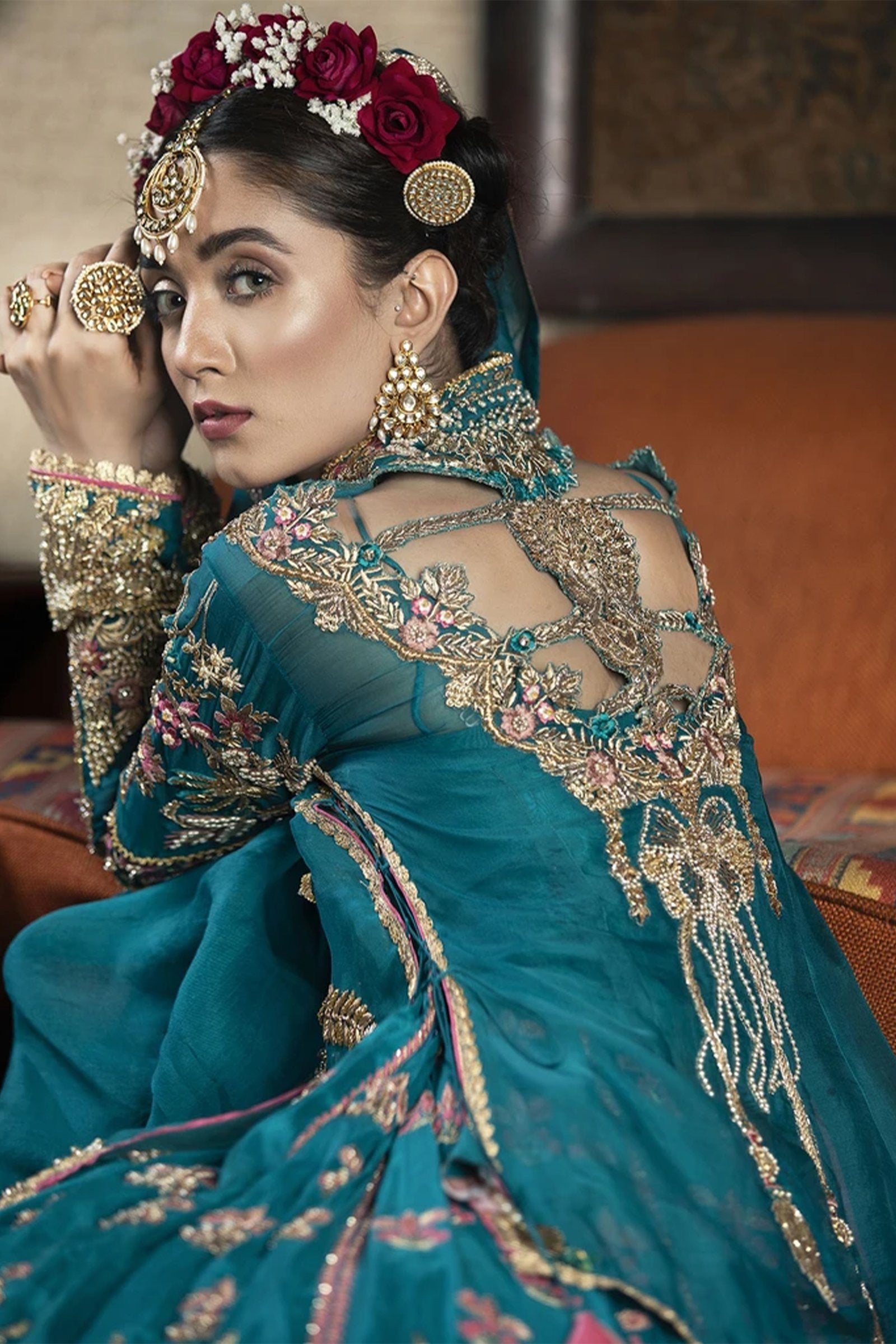 Pakistani Teal Mirror & Gota Work Silk Lehenga Choli (3-Piece) - Image 5