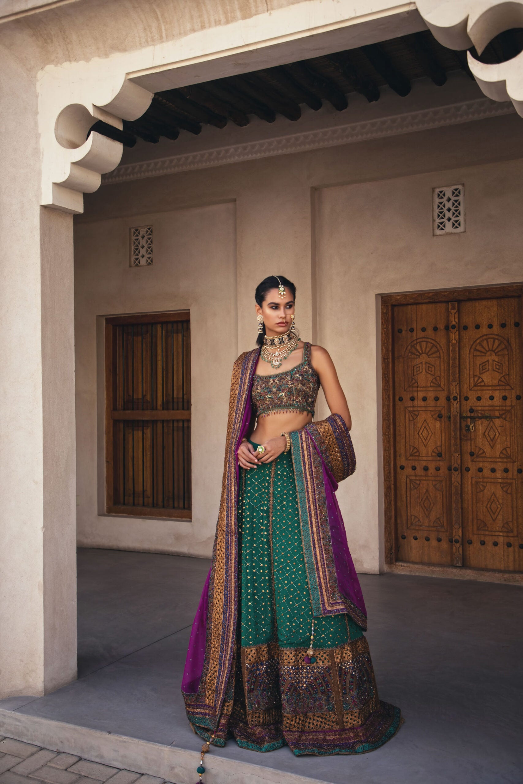 Teal Magenta Hand-Embellished Silk Lehenga Choli (3-Piece) - Image 2