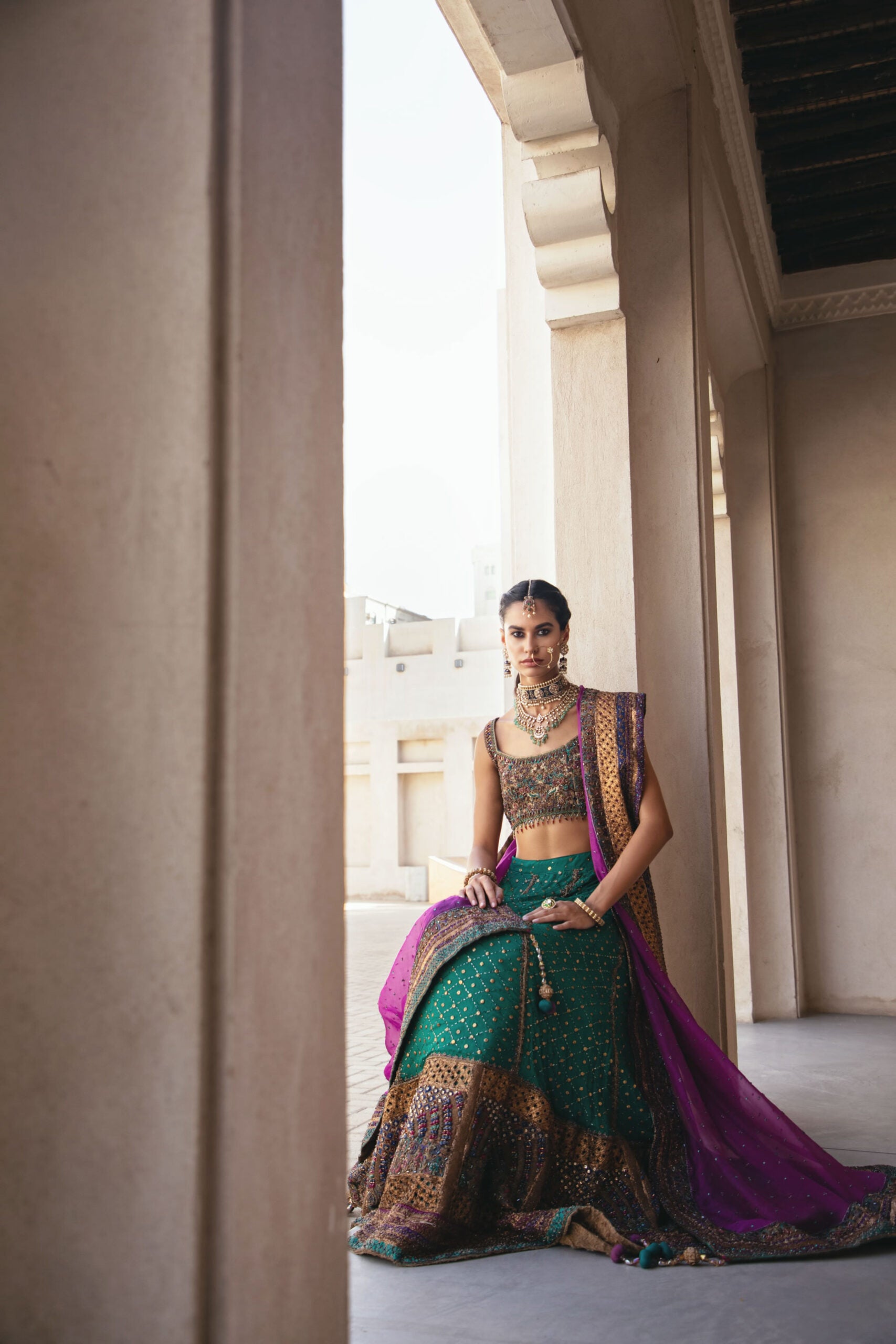 Teal Magenta Hand-Embellished Silk Lehenga Choli (3-Piece) - Image 3