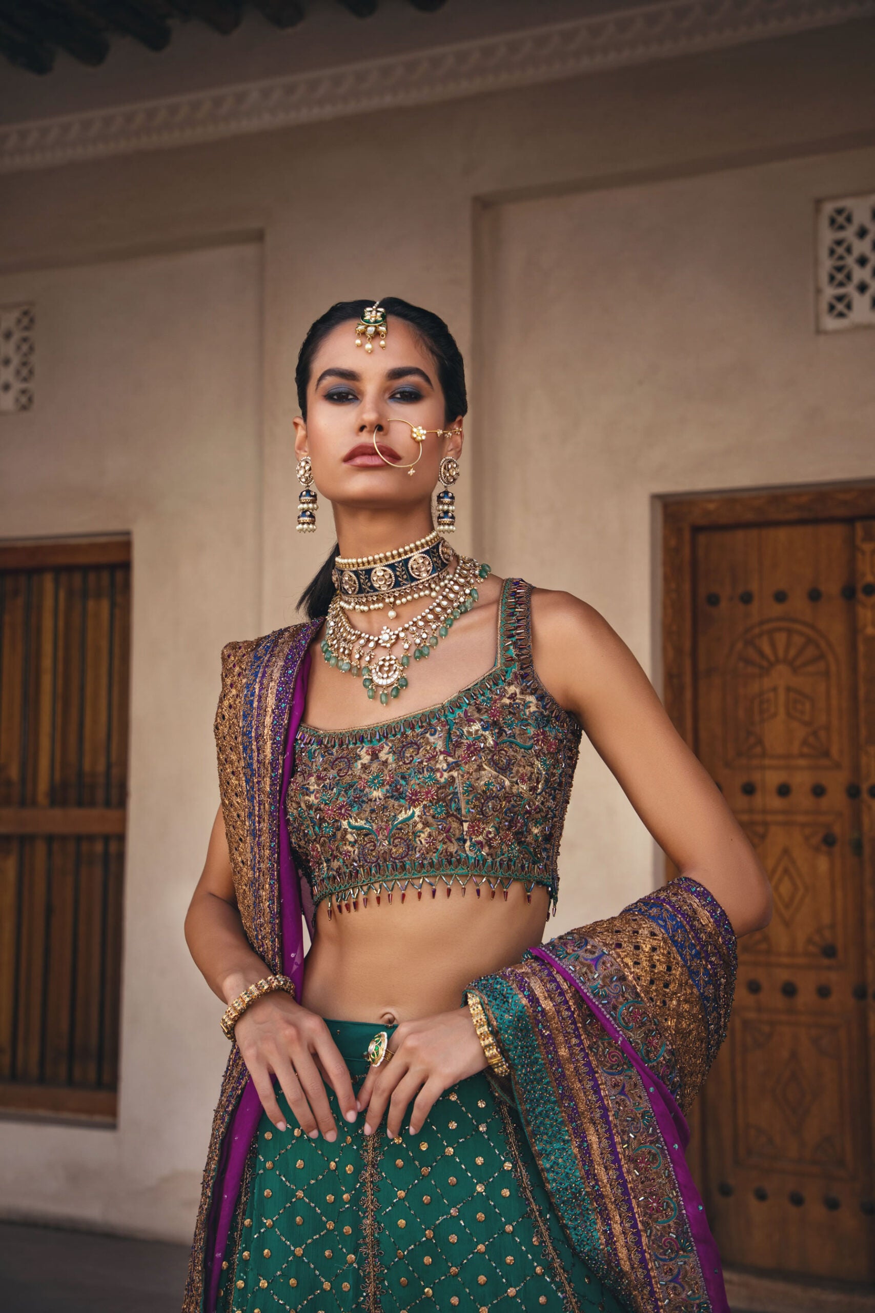 Teal Magenta Hand-Embellished Silk Lehenga Choli (3-Piece) - Image 5