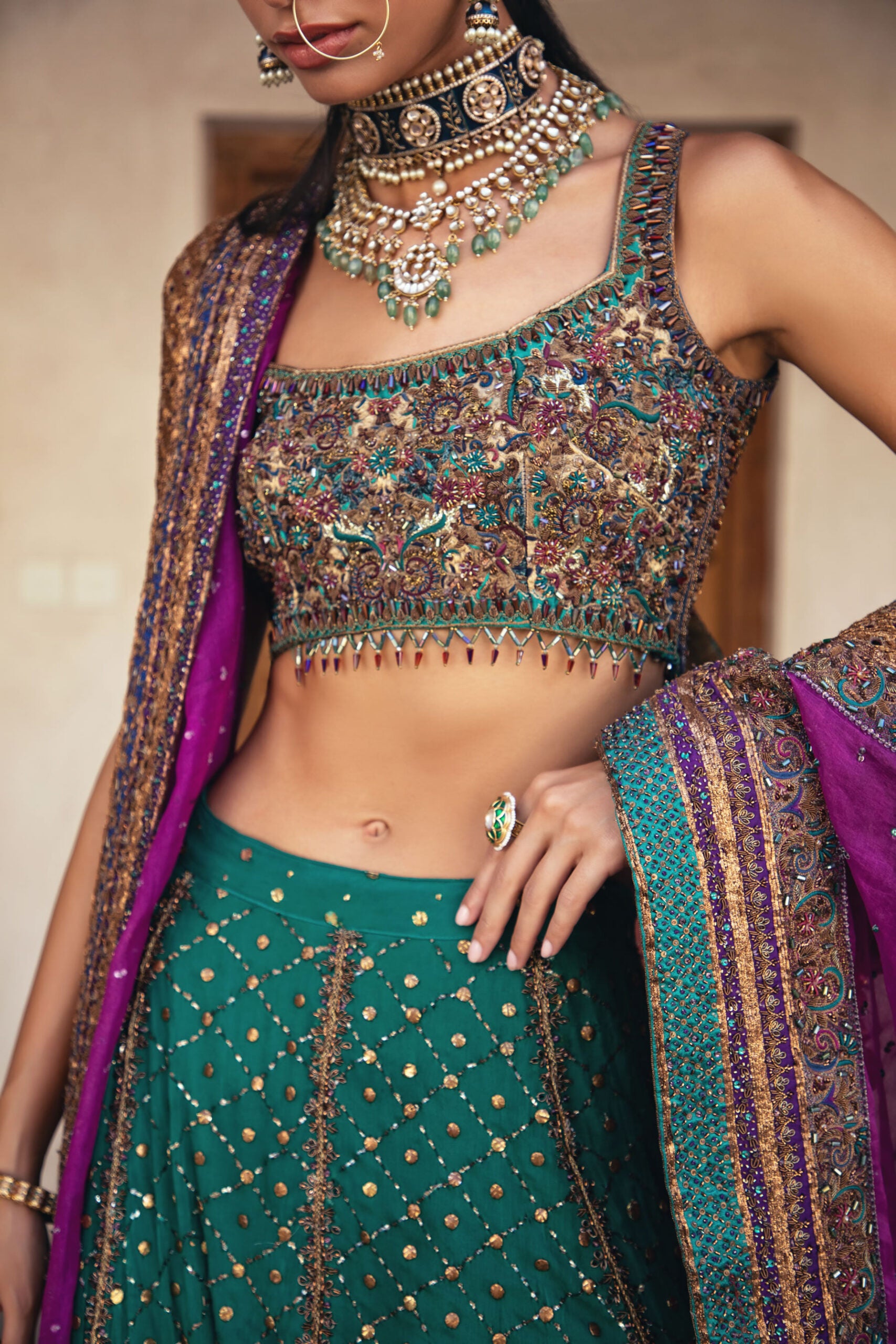 Teal Magenta Hand-Embellished Silk Lehenga Choli (3-Piece) - Image 6