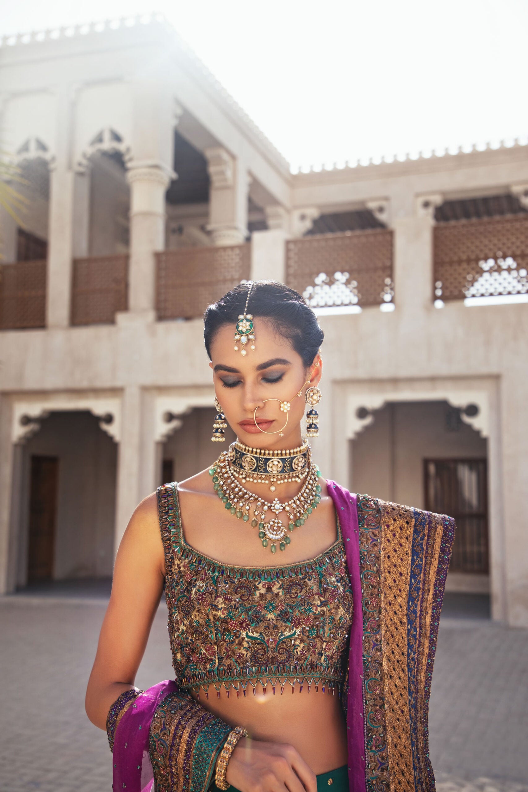 Teal Magenta Hand-Embellished Silk Lehenga Choli (3-Piece) - Image 7