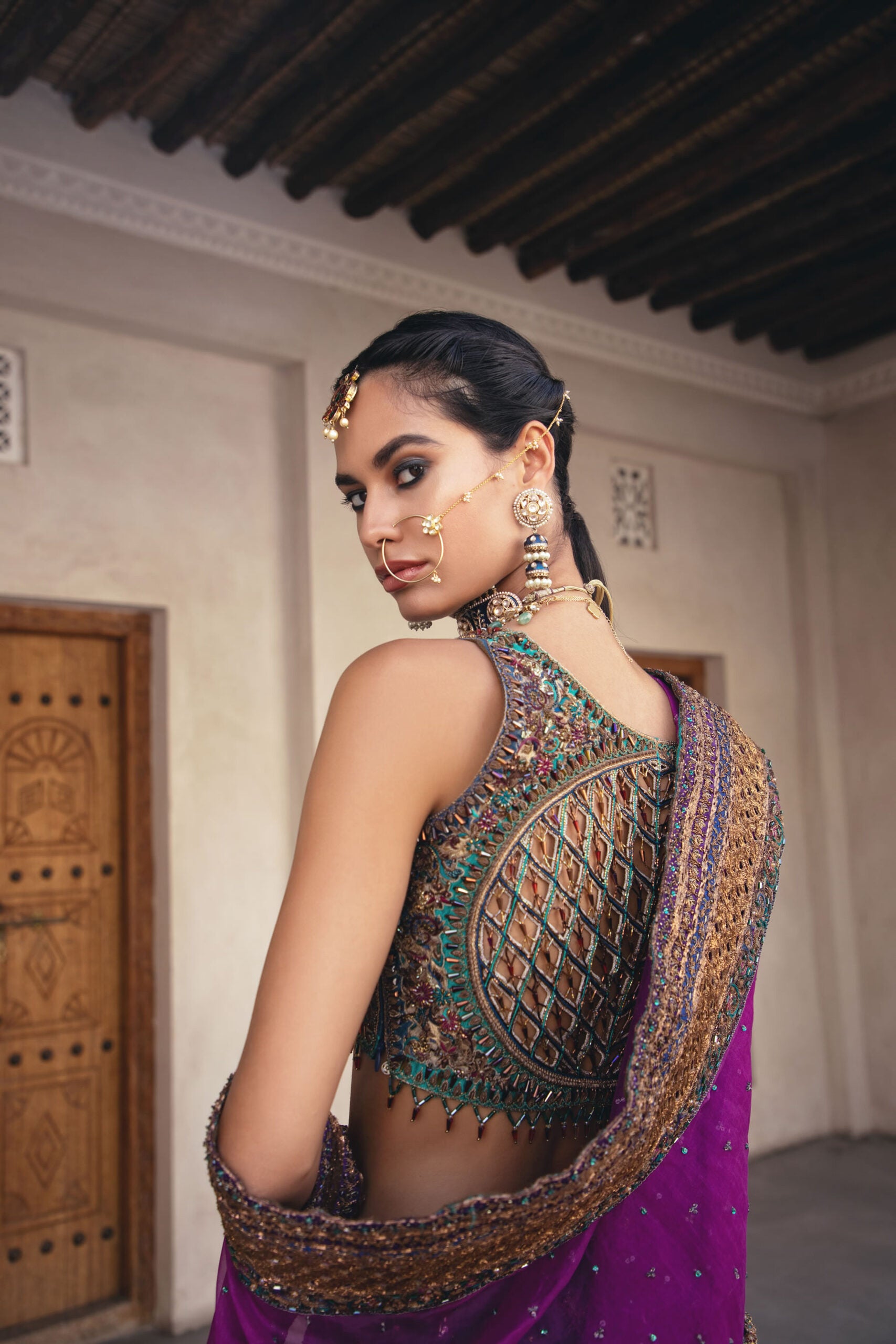 Teal Magenta Hand-Embellished Silk Lehenga Choli (3-Piece) - Image 8