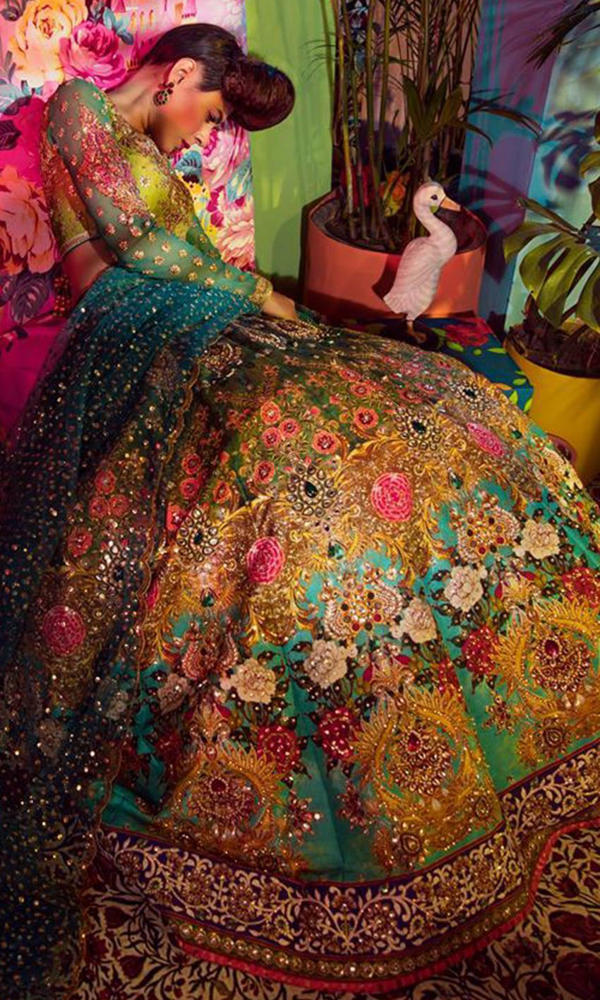 Pakistani Multicolour Embellished Silk Bridal Lehenga Choli (3-Piece) - Image 3