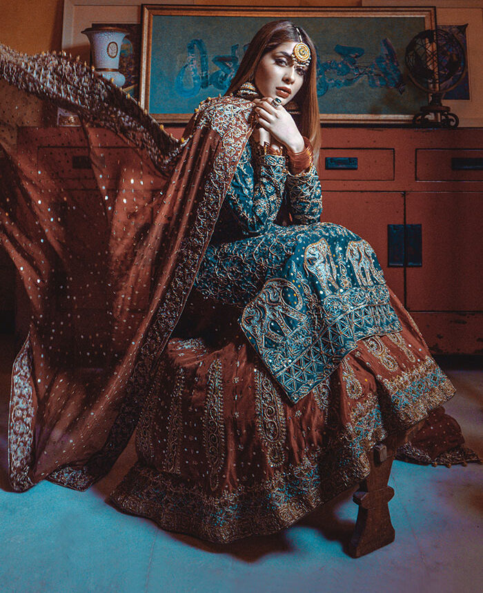 Teal and Rust Embroidered Silk Bridal Lehenga (3-Piece) - Image 1