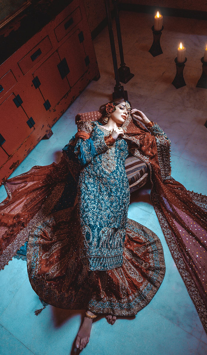 Teal and Rust Embroidered Silk Bridal Lehenga (3-Piece) - Image 2