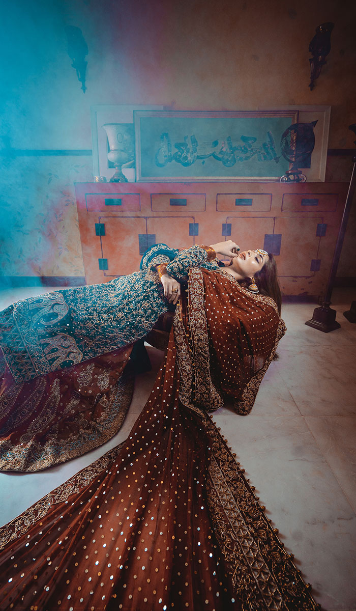 Teal and Rust Embroidered Silk Bridal Lehenga (3-Piece) - Image 4