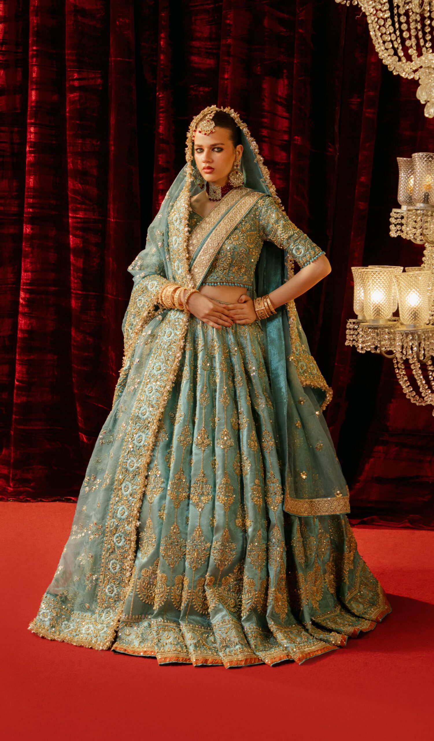 Pakistani Lama Ferozi Hand-Embellished Silk Bridal Lehenga (3-Piece) - Image 1