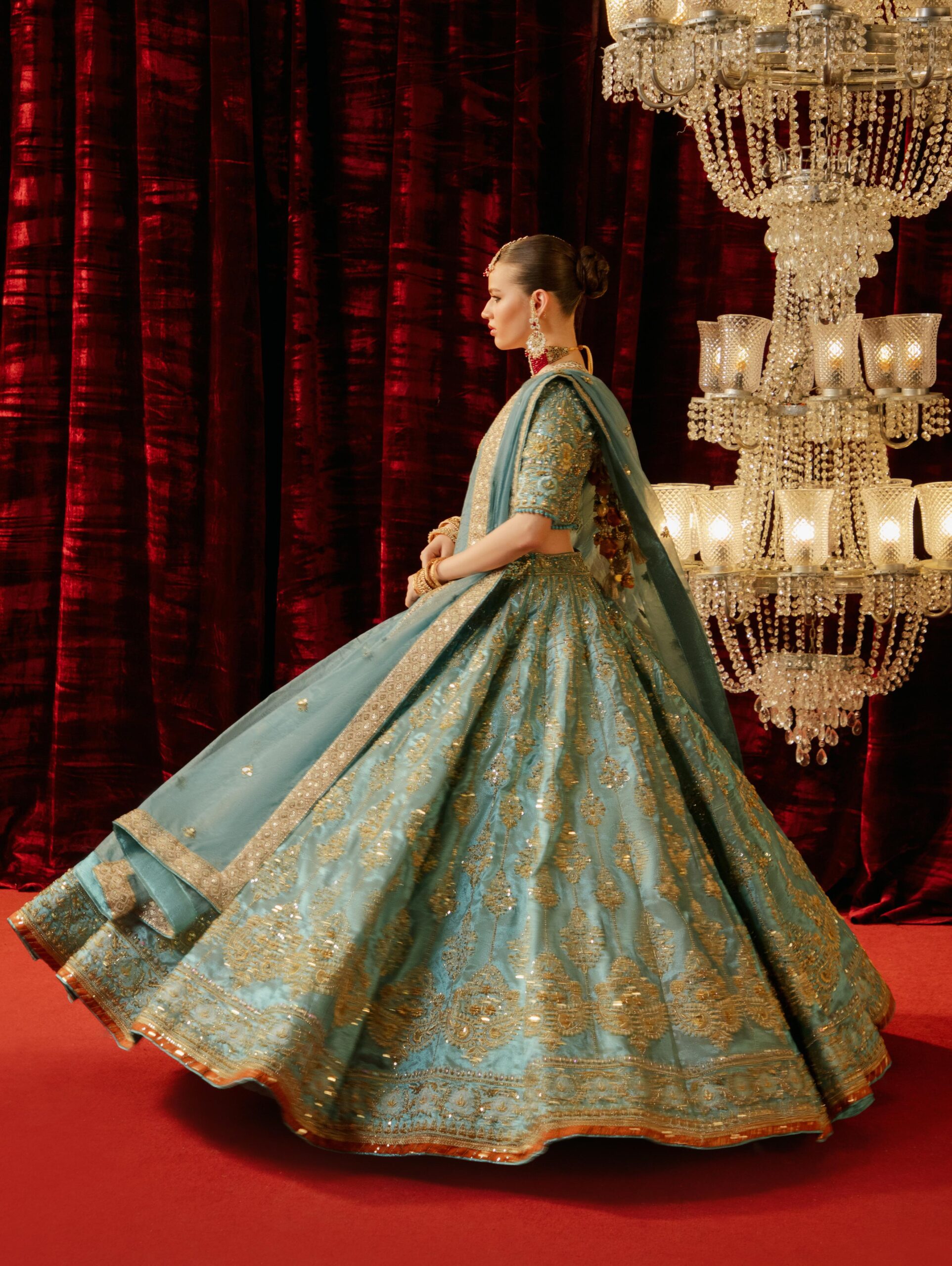 Pakistani Lama Ferozi Hand-Embellished Silk Bridal Lehenga (3-Piece) - Image 2