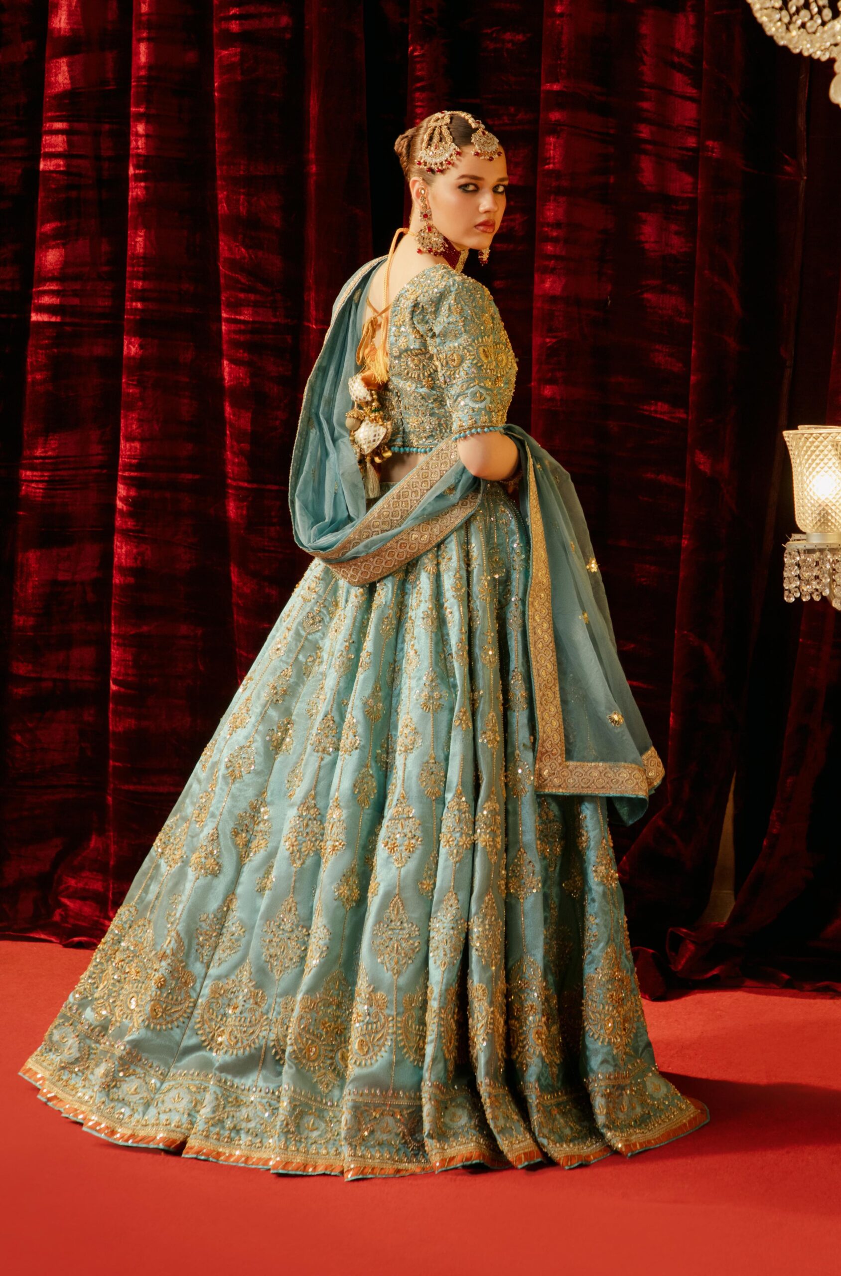 Pakistani Lama Ferozi Hand-Embellished Silk Bridal Lehenga (3-Piece) - Image 3