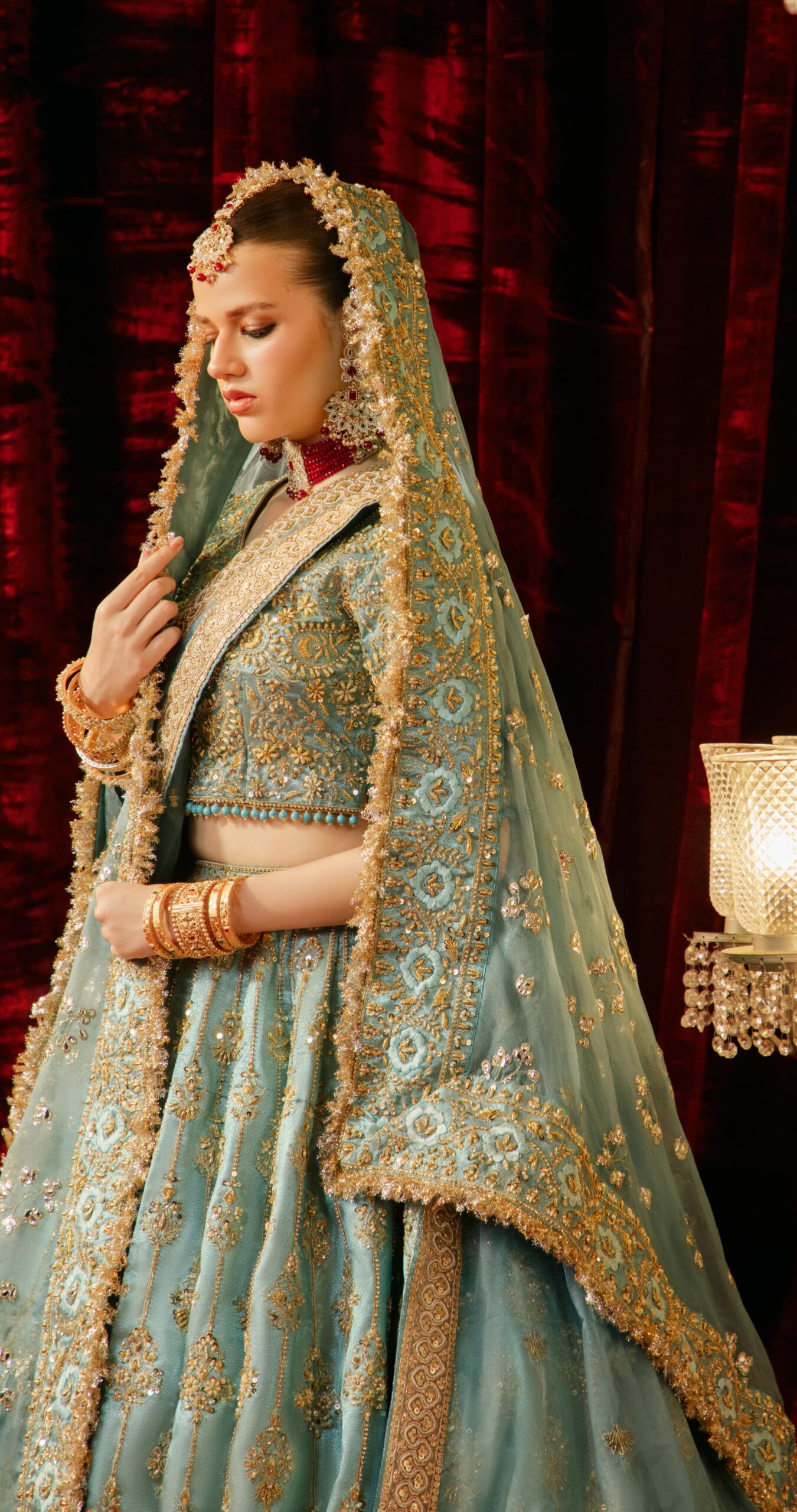 Pakistani Lama Ferozi Hand-Embellished Silk Bridal Lehenga (3-Piece) - Image 4