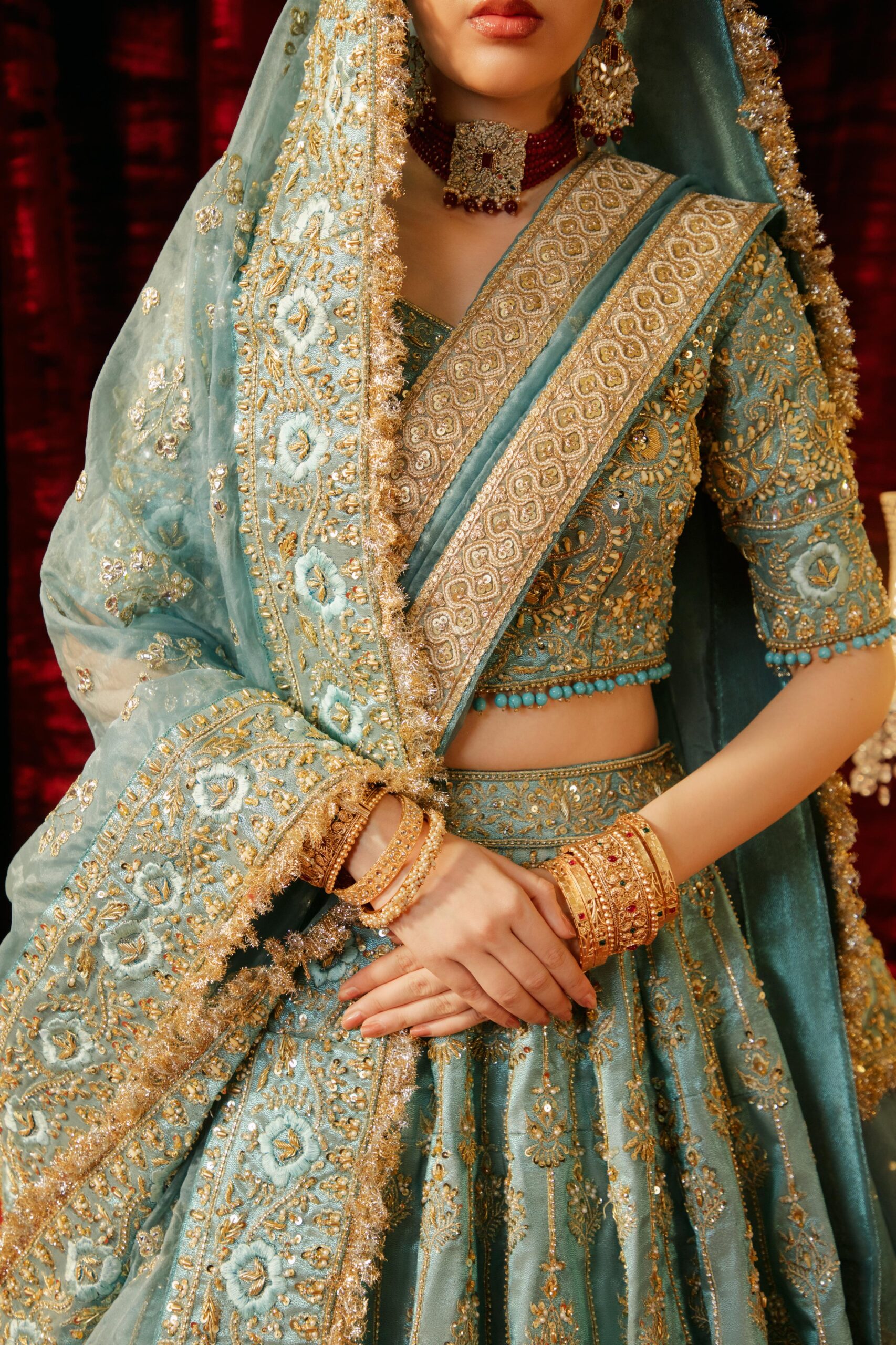 Pakistani Lama Ferozi Hand-Embellished Silk Bridal Lehenga (3-Piece) - Image 5