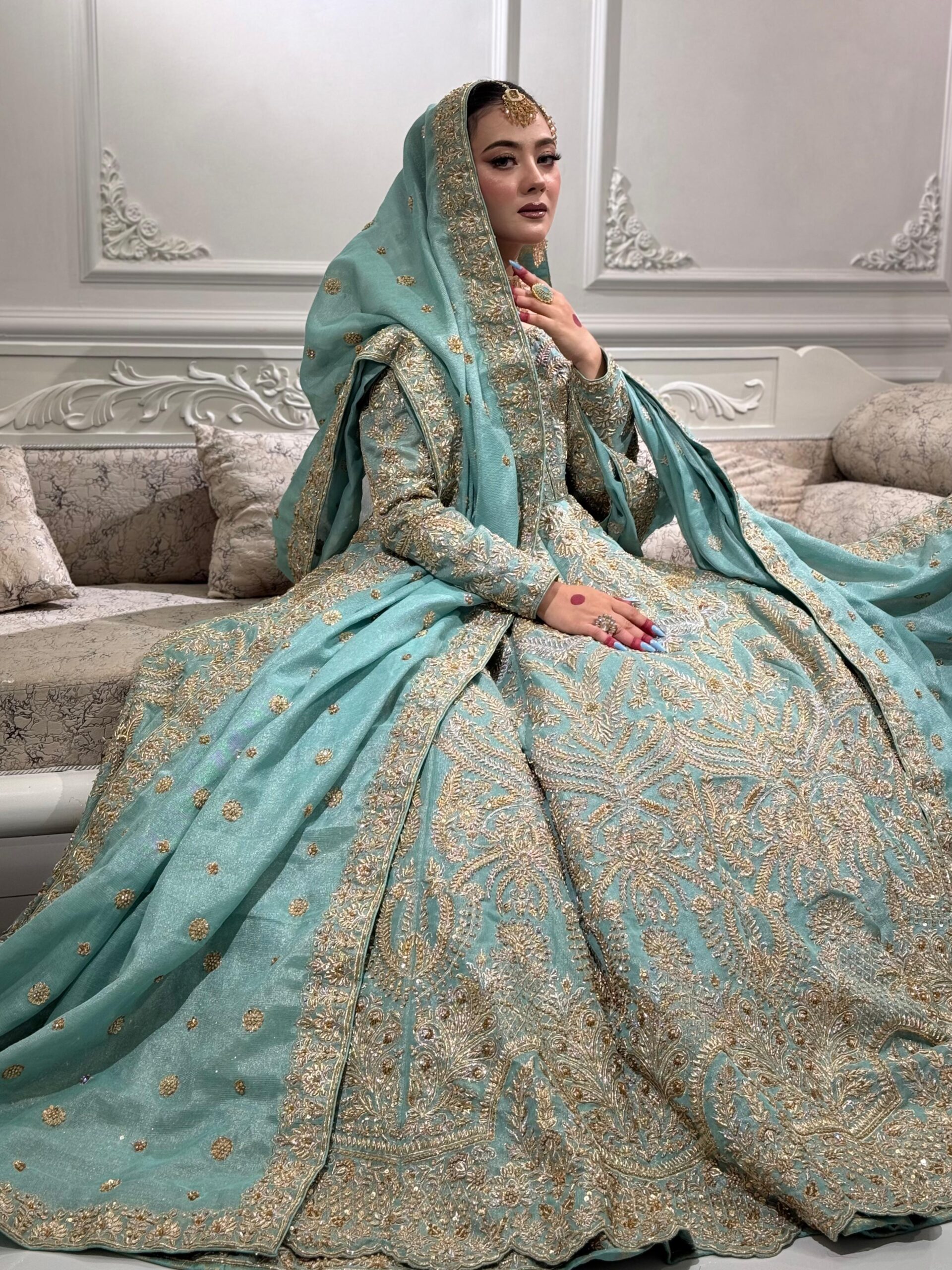 Pakistani Teal Embroidered Silk Bridal Choli Lehenga (3-Piece) - Image 1