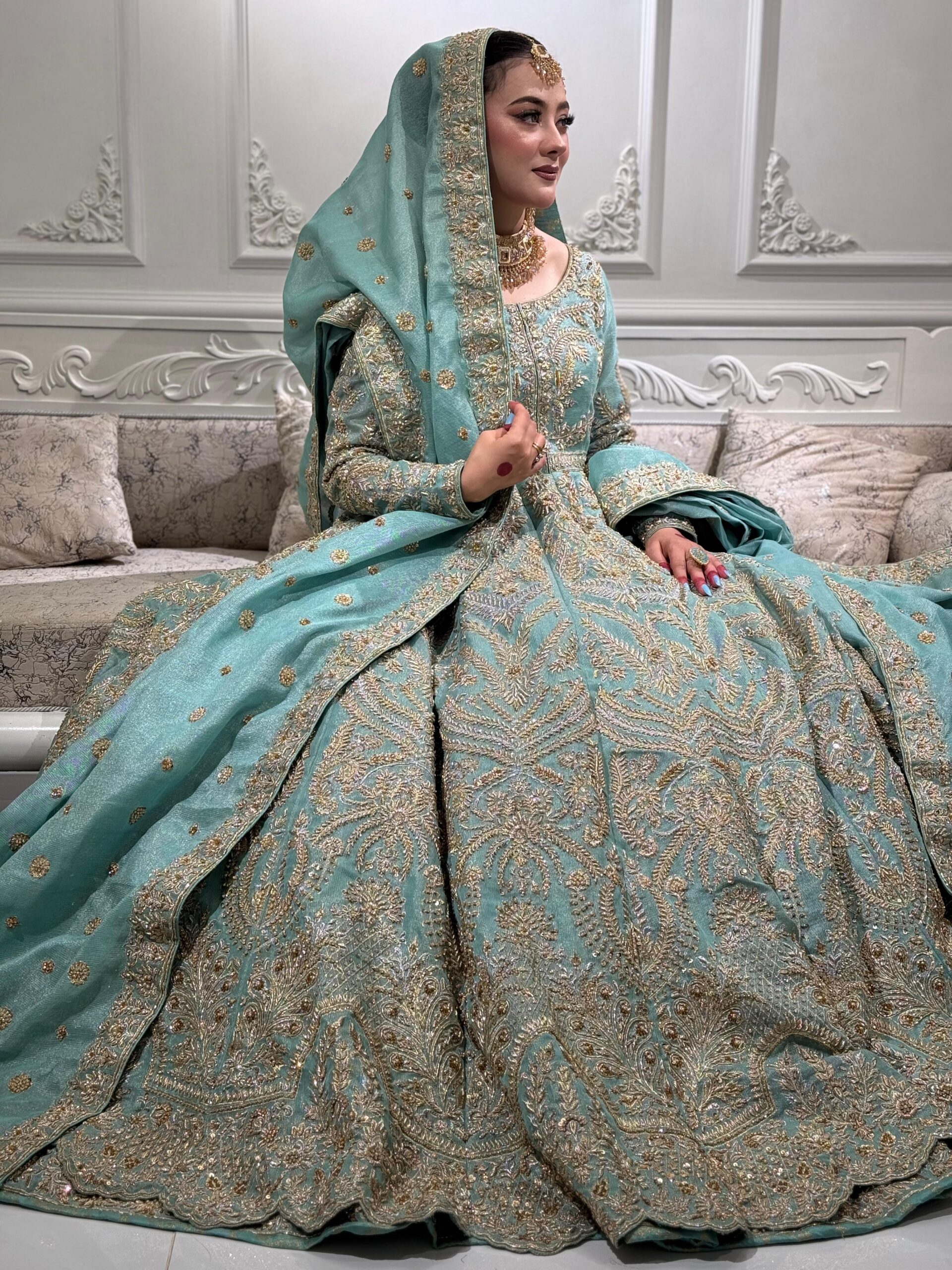 Pakistani Teal Embroidered Silk Bridal Choli Lehenga (3-Piece) - Image 5