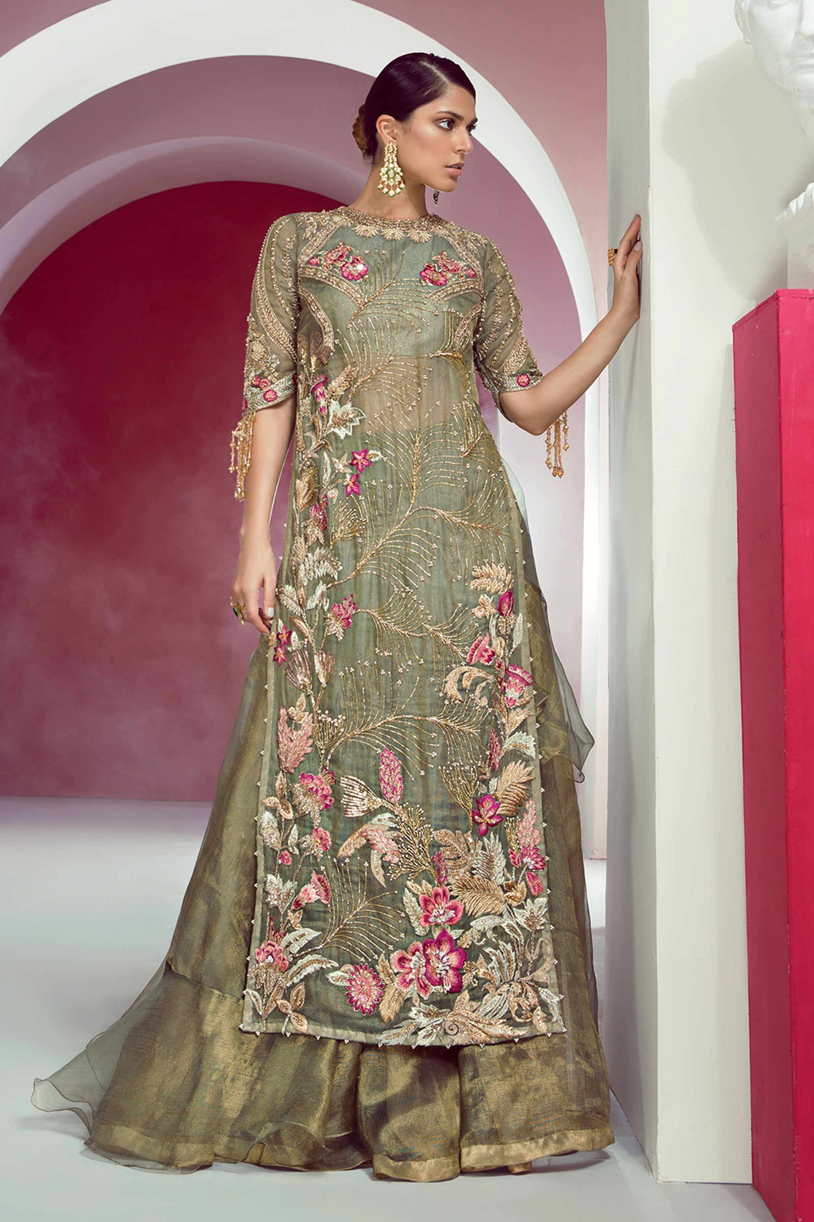 Pakistani Teal Green Embroidered Tissue Lehenga (2-Piece) - Image 2