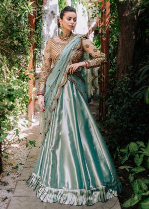 Pakistani Ferozi Hand-Embellished Tissue Lehenga (3-Piece) - Image 2