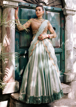 Pakistani Ferozi Hand-Embellished Tissue Lehenga (3-Piece) - Image 3