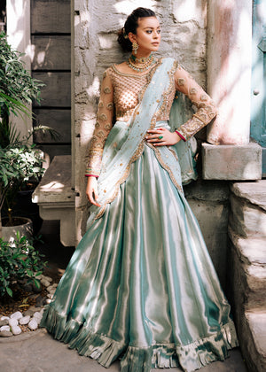 Pakistani Ferozi Hand-Embellished Tissue Lehenga (3-Piece) - Image 4