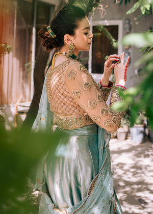 Pakistani Ferozi Hand-Embellished Tissue Lehenga (3-Piece) - Image 5