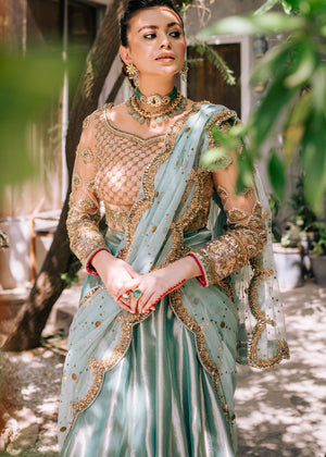 Pakistani Ferozi Hand-Embellished Tissue Lehenga (3-Piece) - Image 6