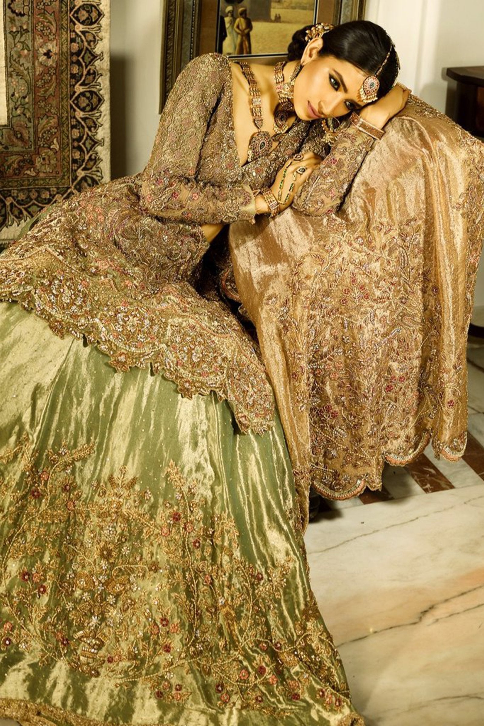 Teal Zardozi Tissue Bridal Lehenga (3-Piece) - Image 3