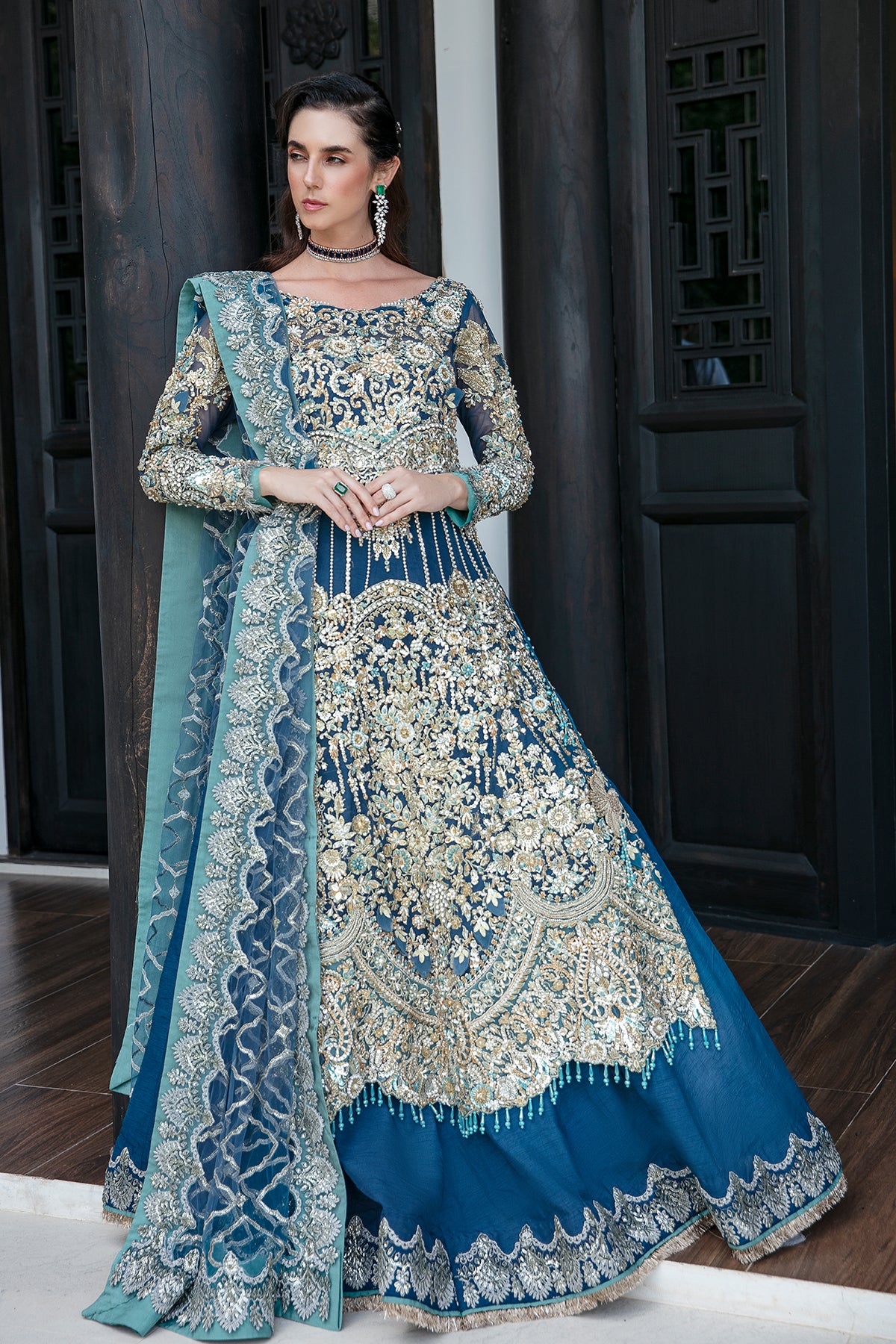 Pakistani Teal Blue Embellished Tulle Silk Lehenga (3-Piece) - Image 1