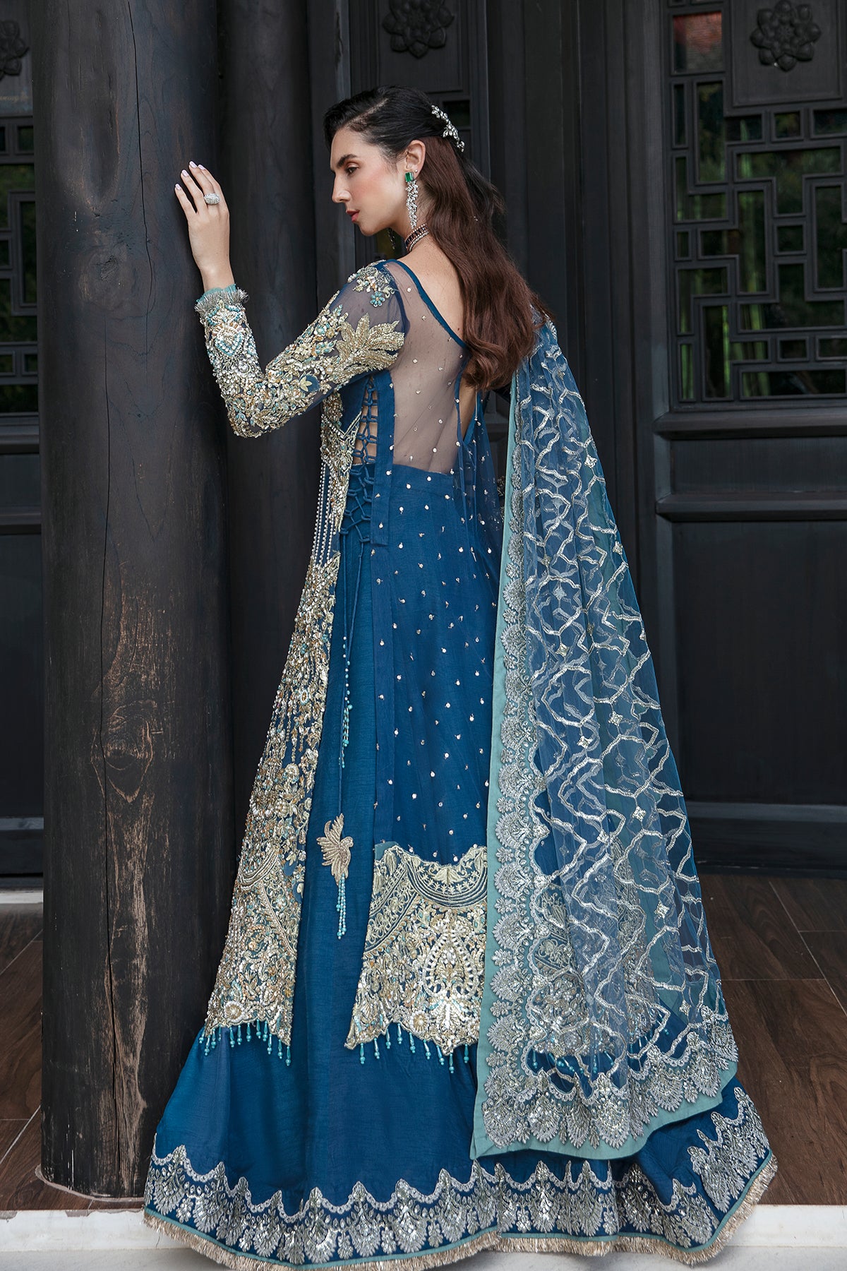 Pakistani Teal Blue Embellished Tulle Silk Lehenga (3-Piece) - Image 2