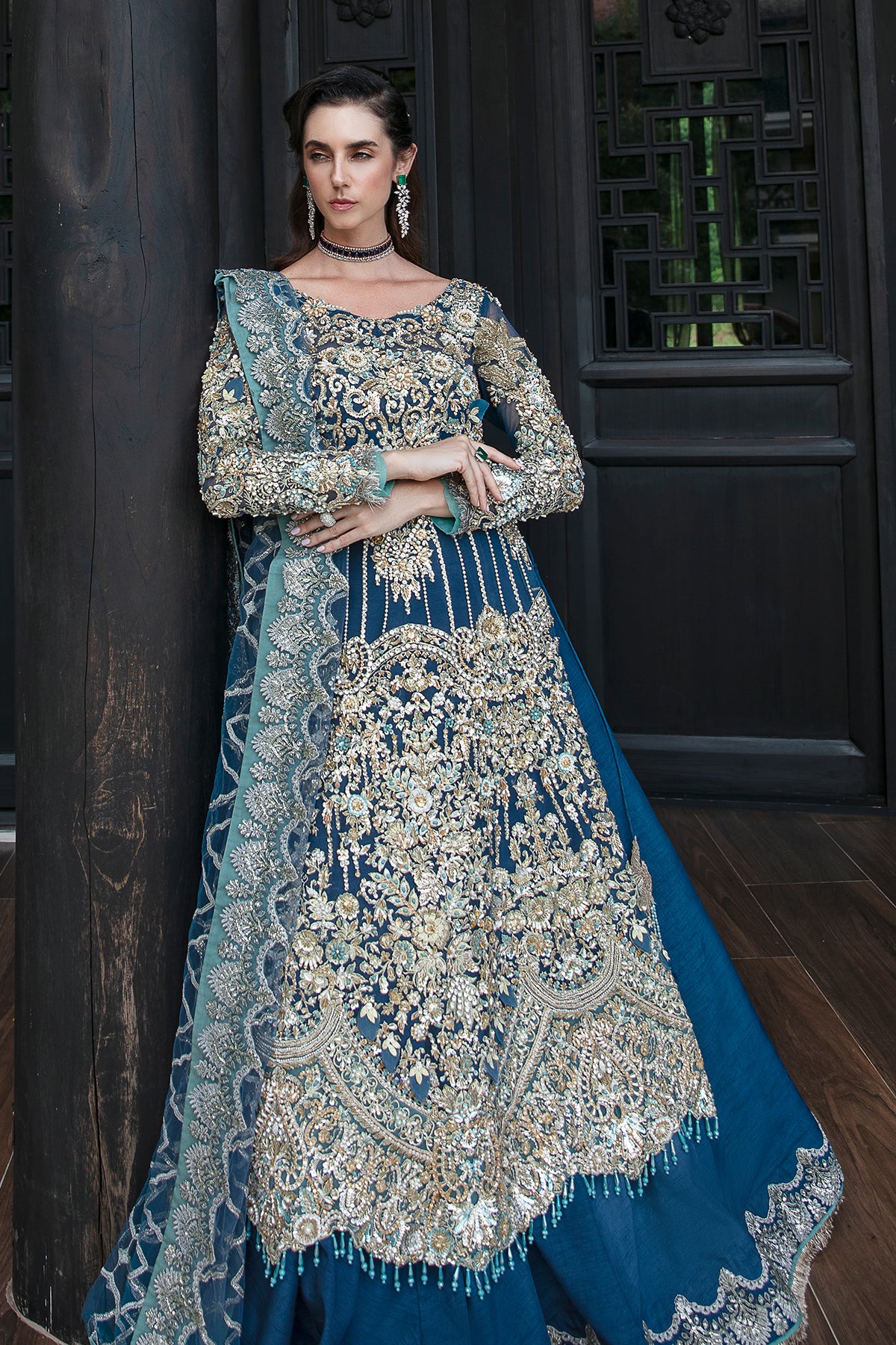 Pakistani Teal Blue Embellished Tulle Silk Lehenga (3-Piece) - Image 6