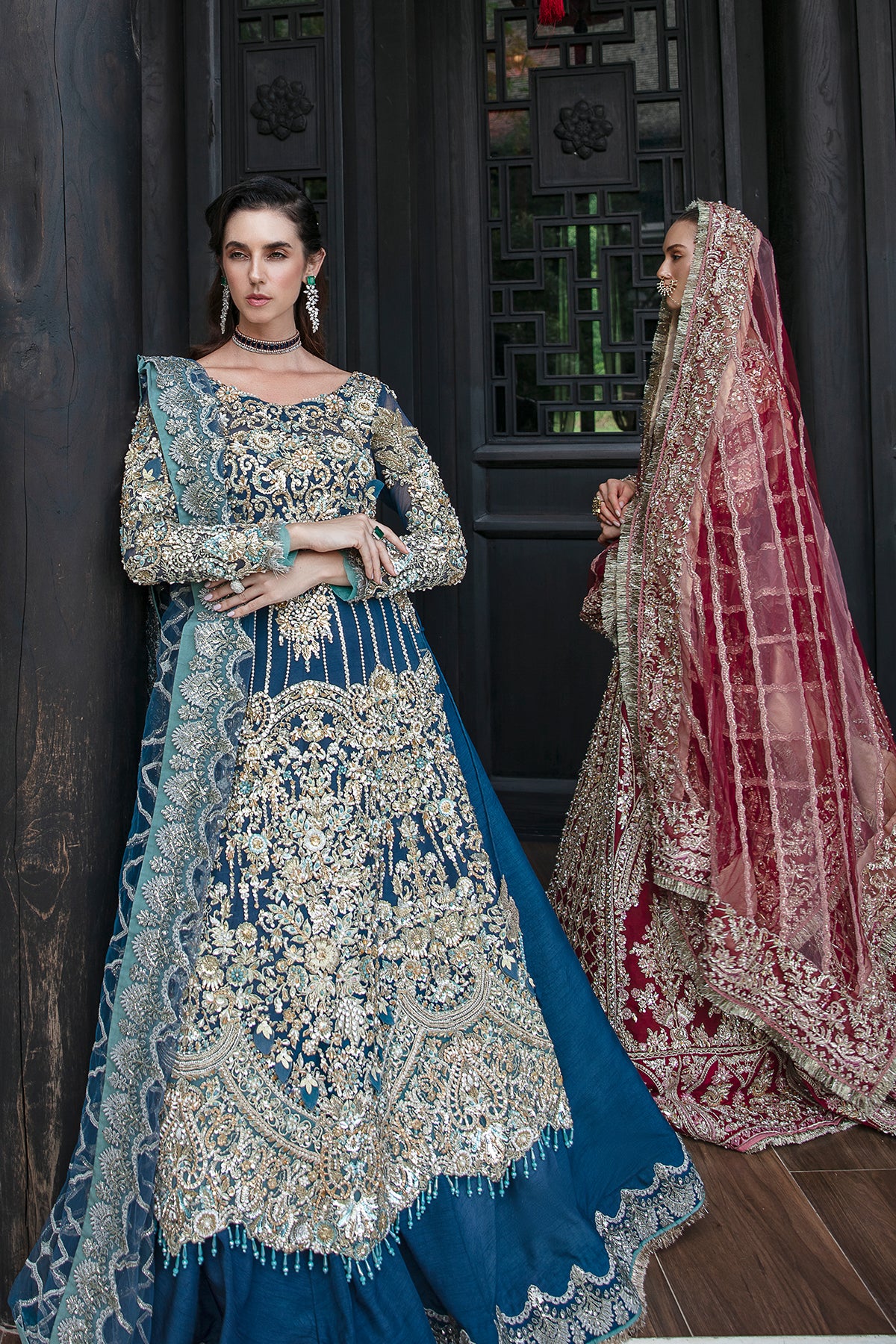 Pakistani Teal Blue Embellished Tulle Silk Lehenga (3-Piece) - Image 7