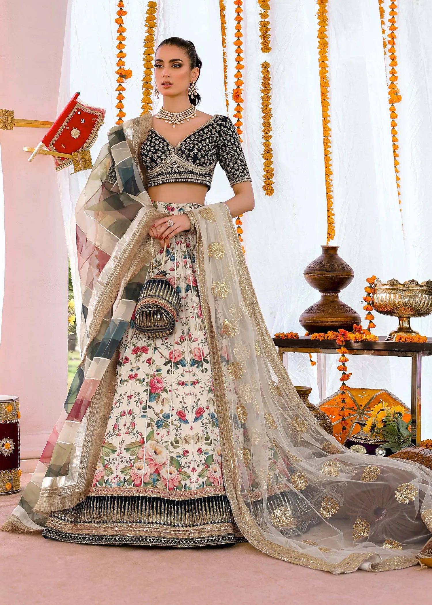 Teal & White Embroidered Velvet Raw Silk Lehenga Choli (4-Piece) - Image 1