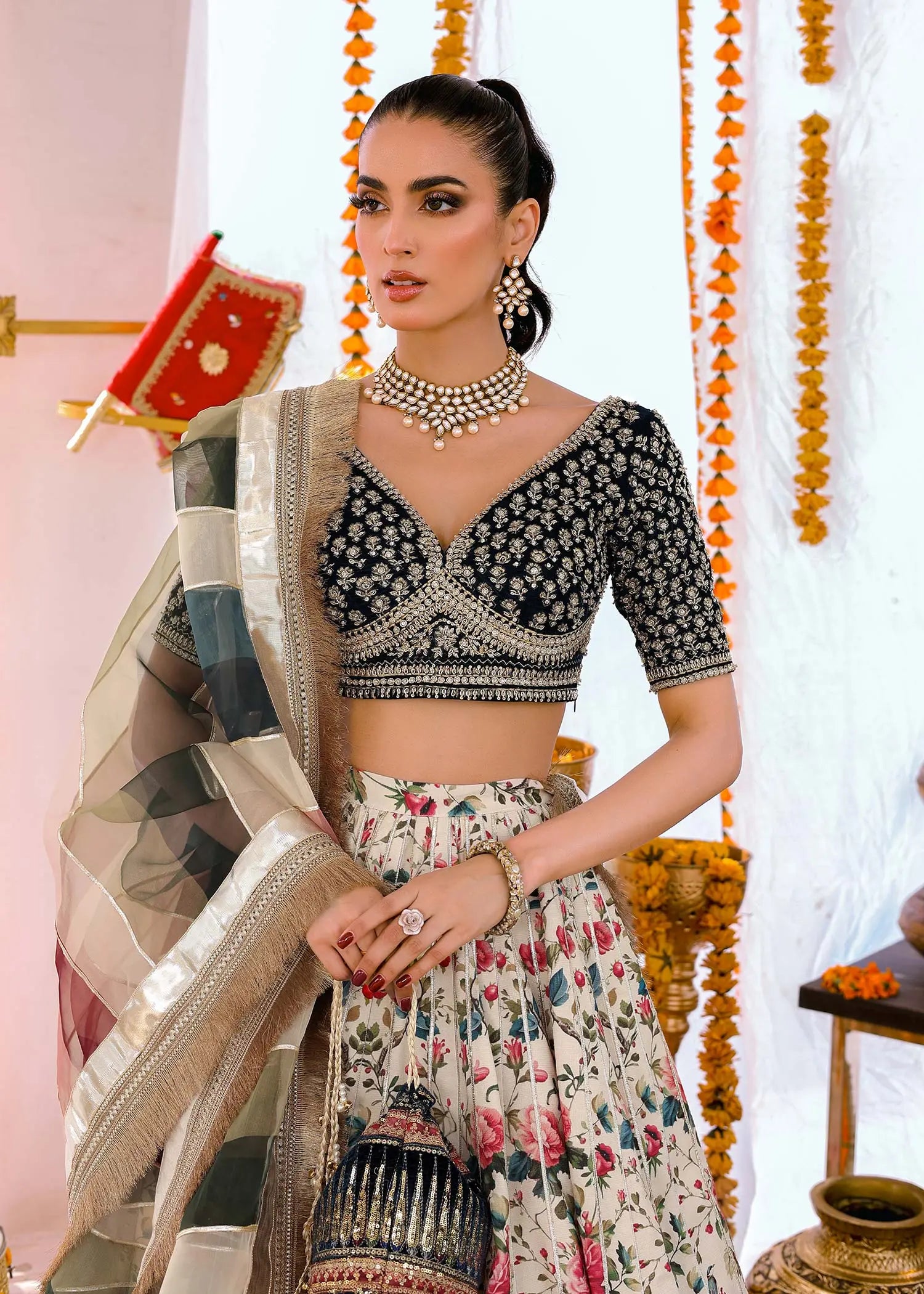 Teal & White Embroidered Velvet Raw Silk Lehenga Choli (4-Piece) - Image 2