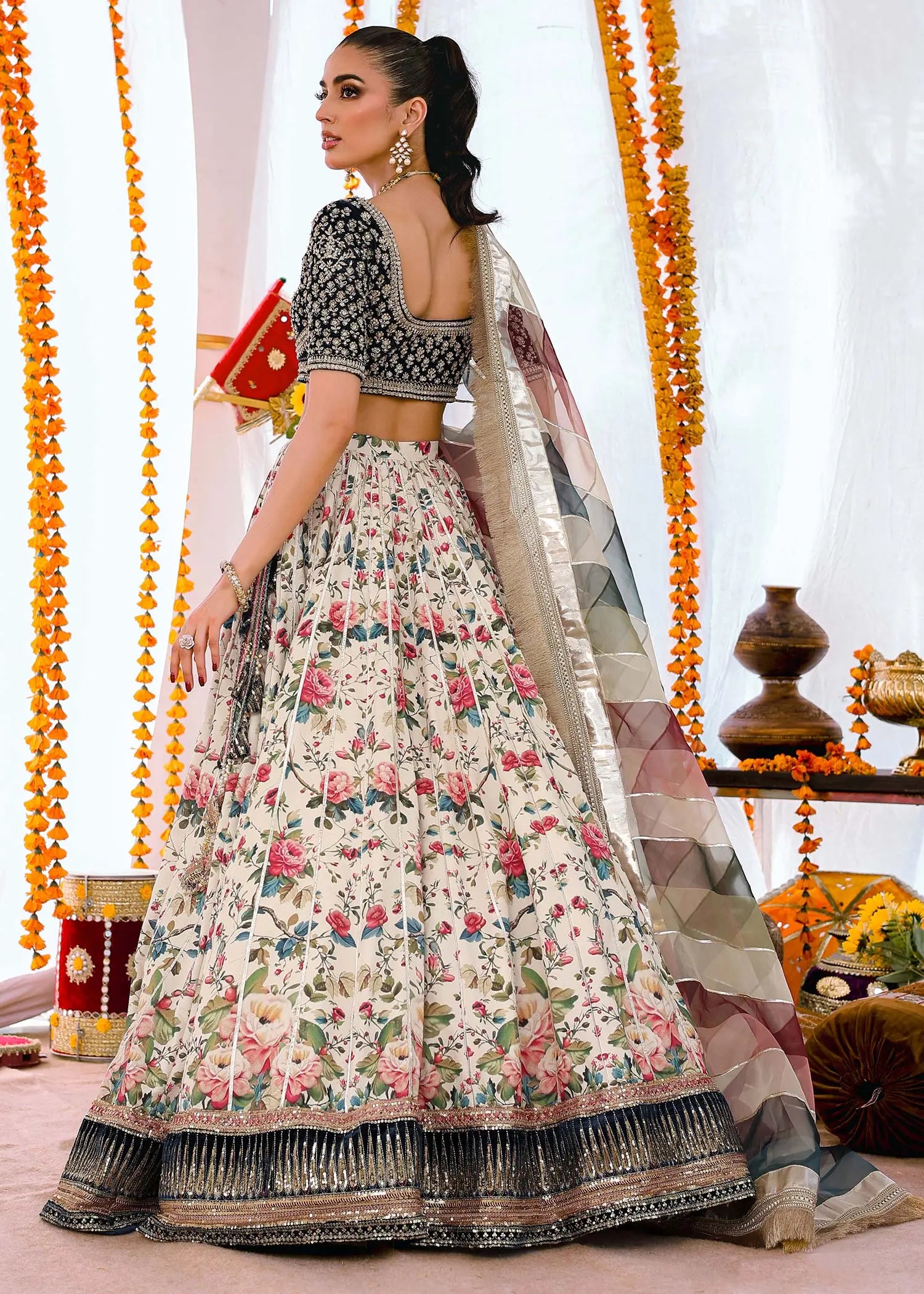 Teal & White Embroidered Velvet Raw Silk Lehenga Choli (4-Piece) - Image 3