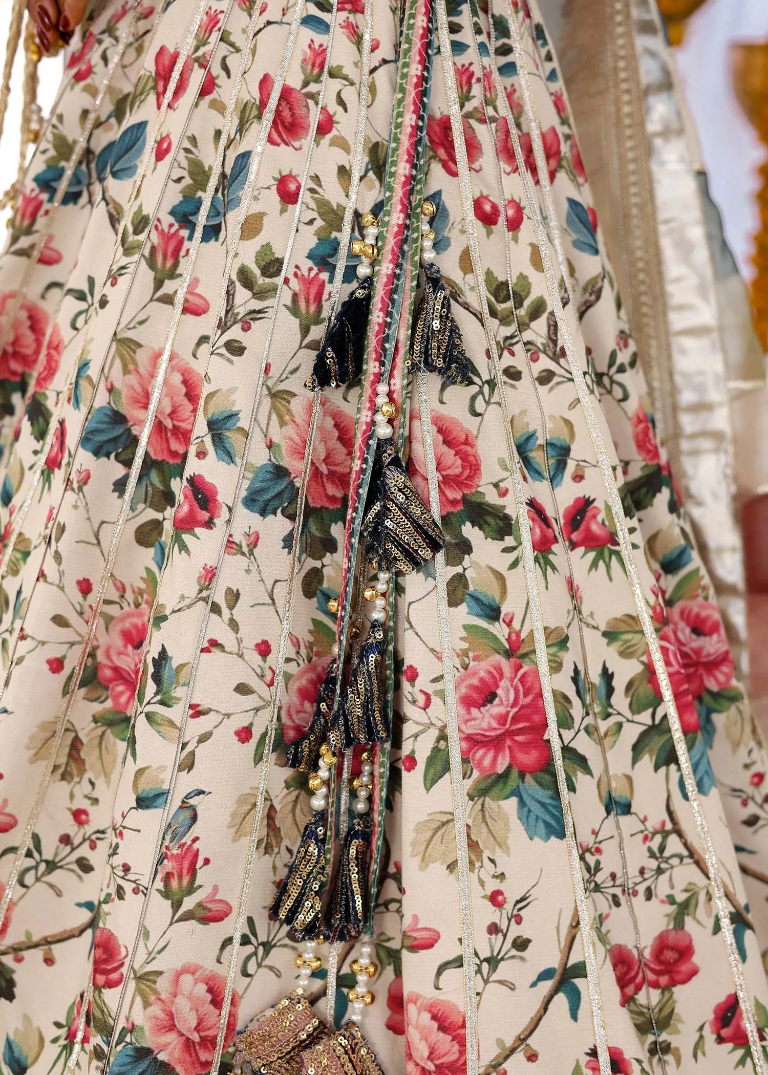 Teal & White Embroidered Velvet Raw Silk Lehenga Choli (4-Piece) - Image 4