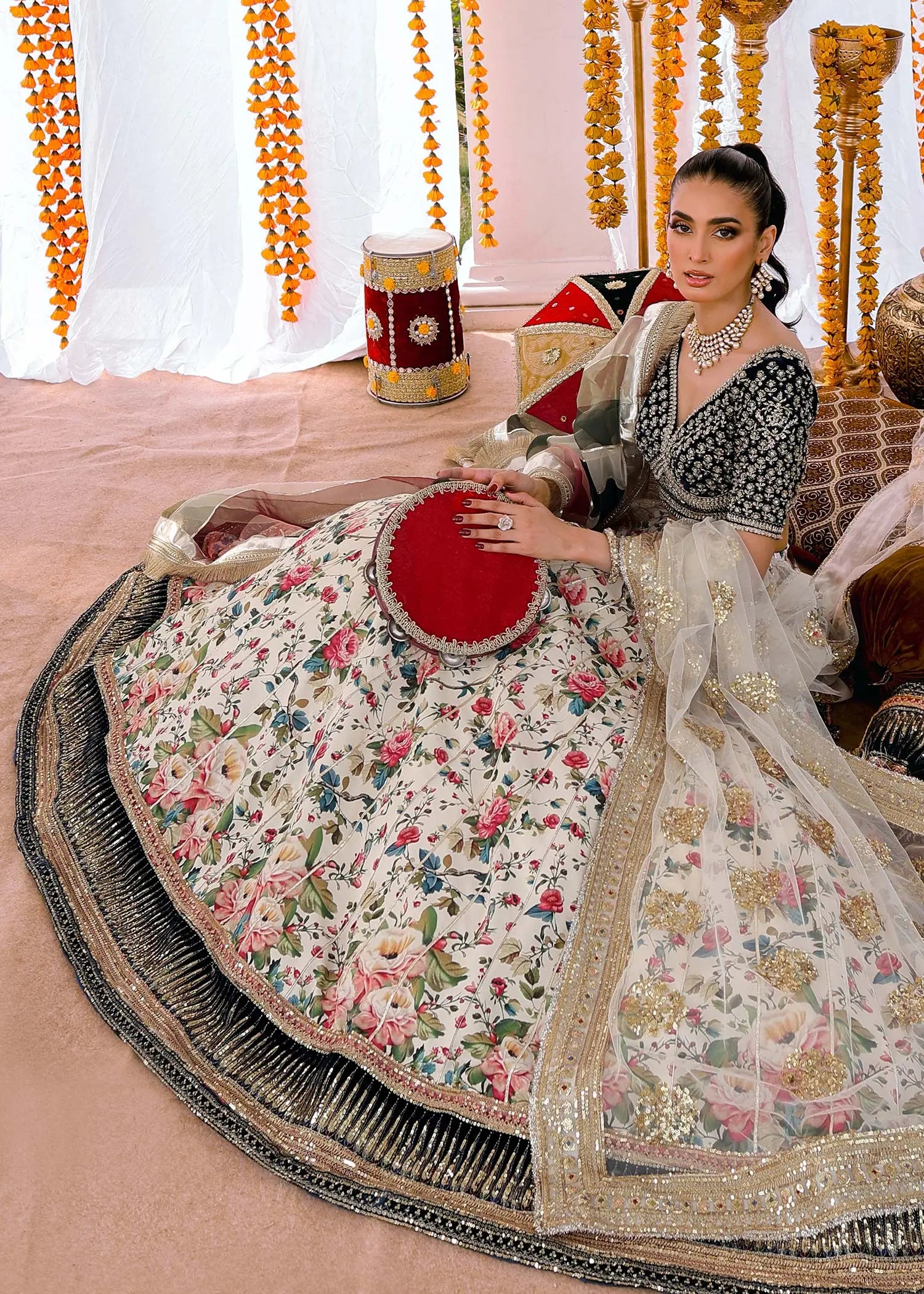 Teal & White Embroidered Velvet Raw Silk Lehenga Choli (4-Piece) - Image 7