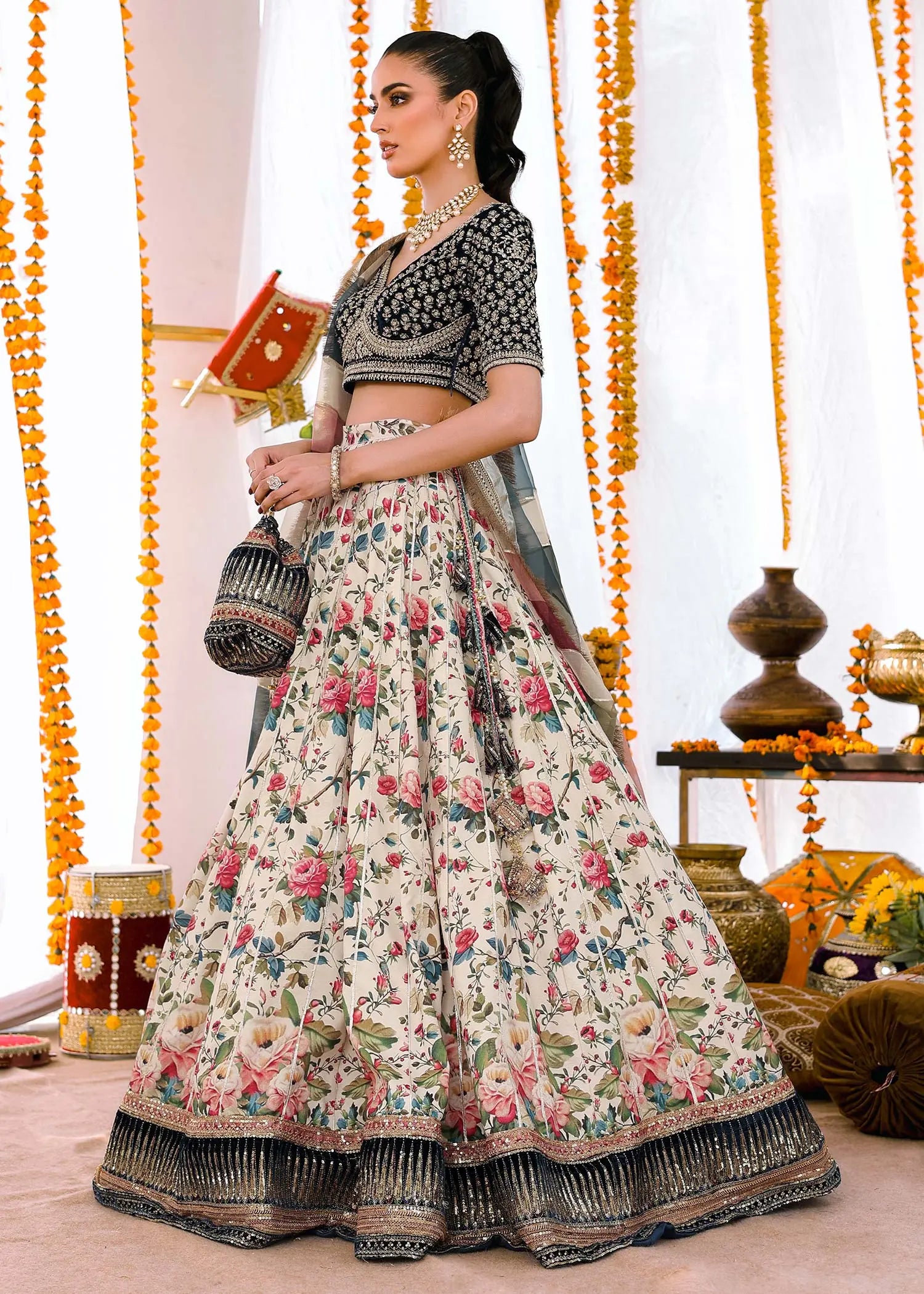 Teal & White Embroidered Velvet Raw Silk Lehenga Choli (4-Piece) - Image 8