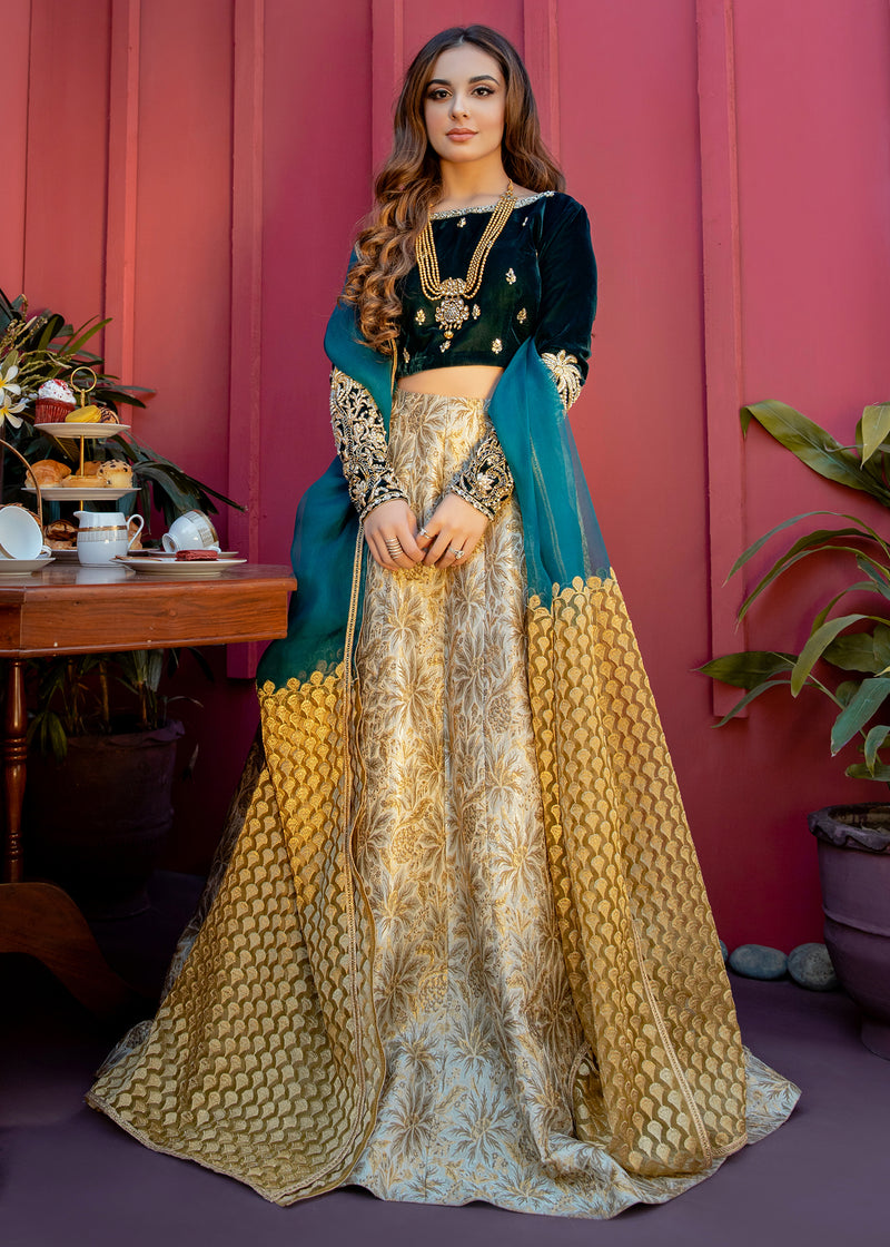 Teal Embroidered Velvet Choli with Brocade Lehenga (3-Piece) - Image 1