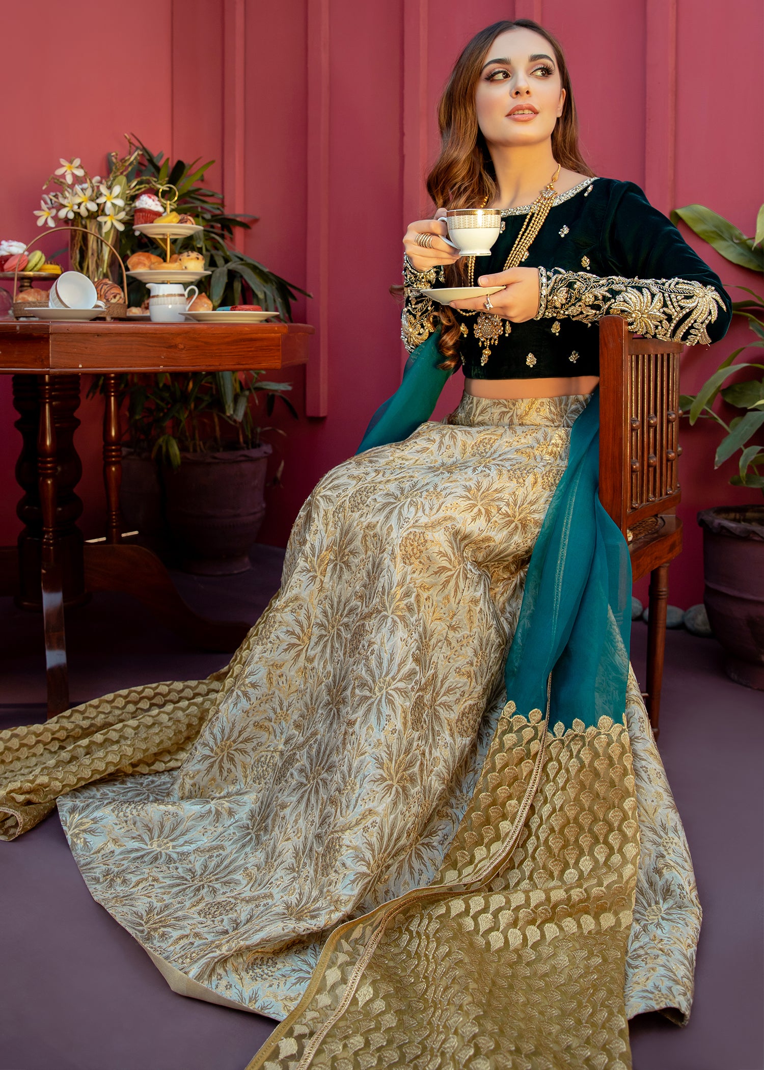 Teal Embroidered Velvet Choli with Brocade Lehenga (3-Piece) - Image 3