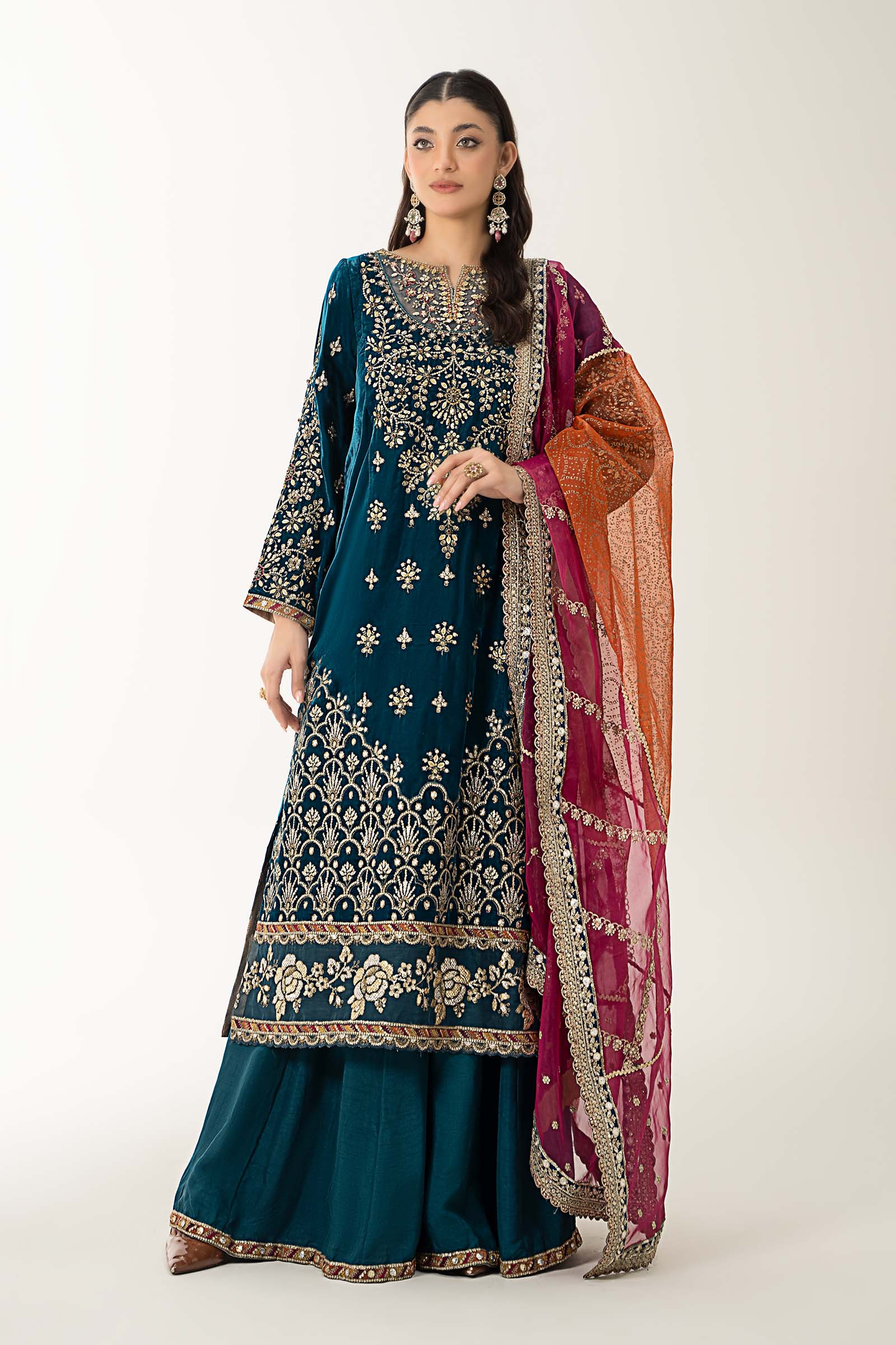 Pakistani Teal Blue Embroidered Velvet Lehenga (3-Piece) - Image 1