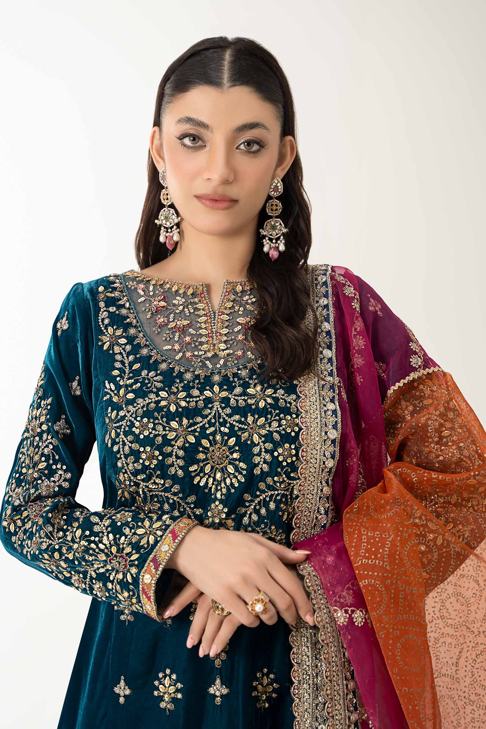 Pakistani Teal Blue Embroidered Velvet Lehenga (3-Piece) - Image 2