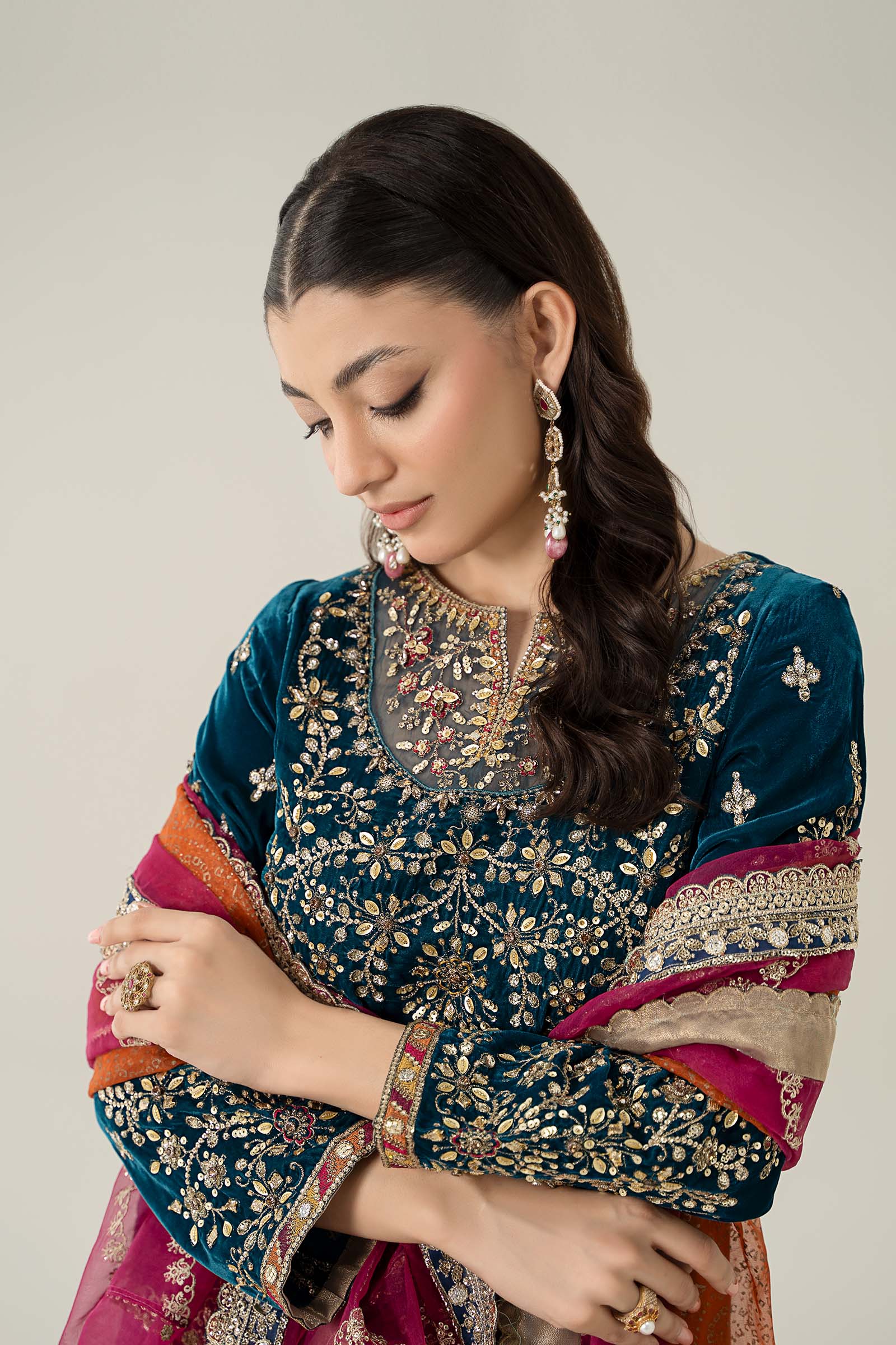 Pakistani Teal Blue Embroidered Velvet Lehenga (3-Piece) - Image 3