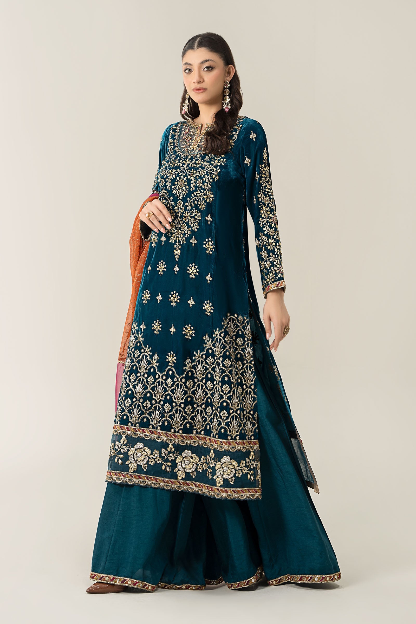 Pakistani Teal Blue Embroidered Velvet Lehenga (3-Piece) - Image 4
