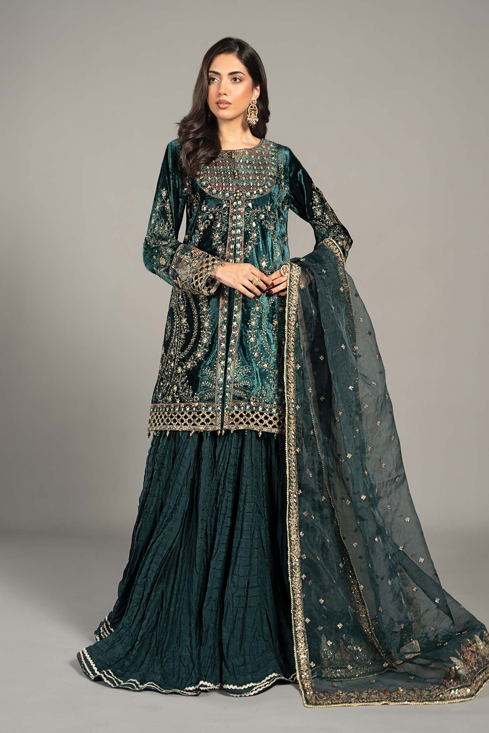Teal Embroidered Velvet Lehenga Set (3-Piece) - Image 1