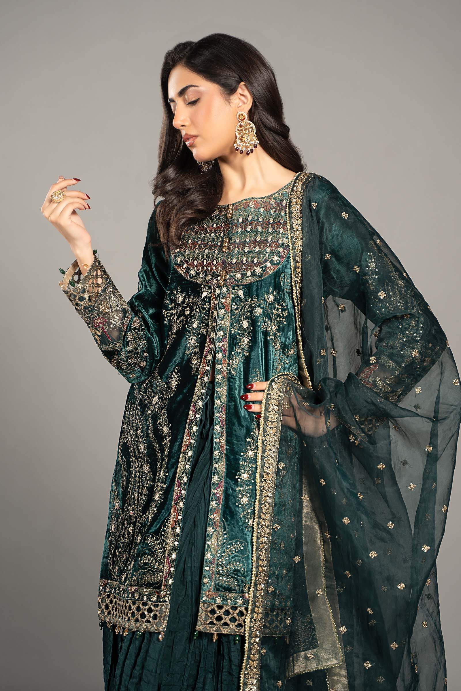 Teal Embroidered Velvet Lehenga Set (3-Piece) - Image 2