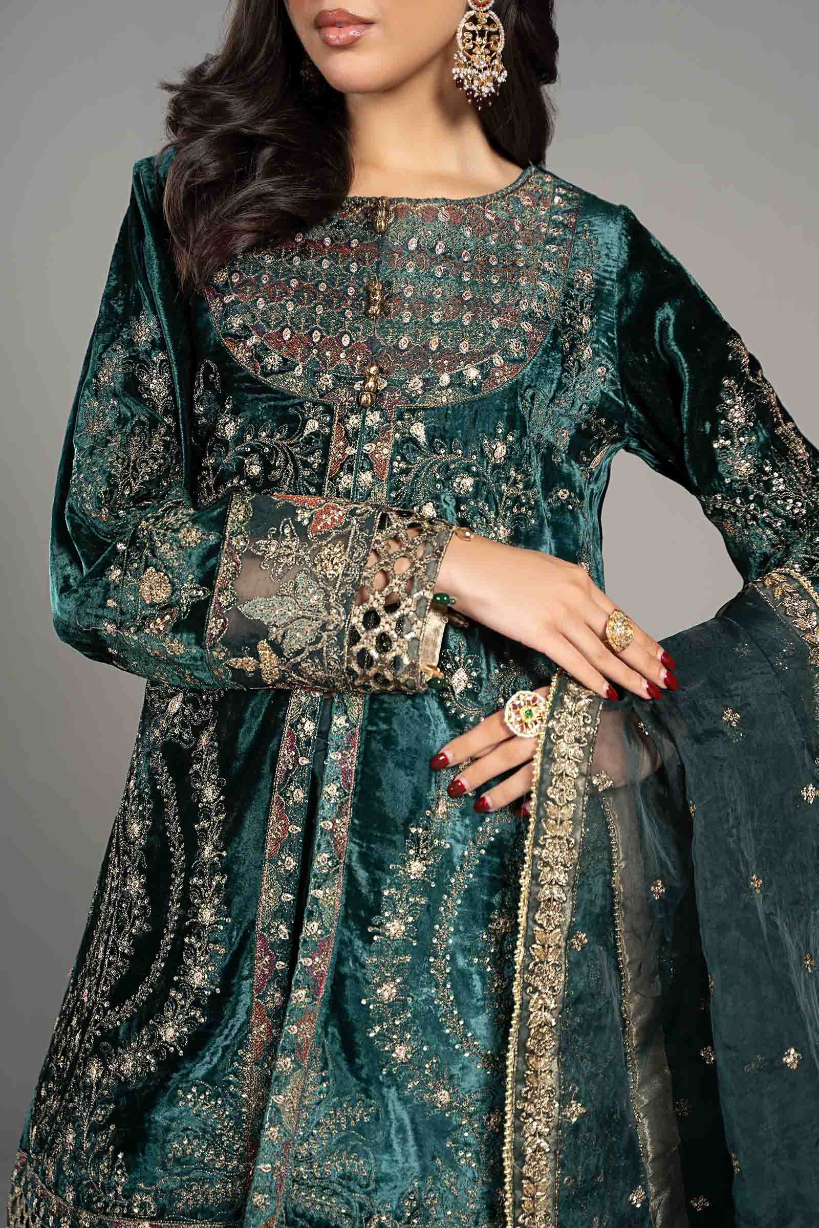 Teal Embroidered Velvet Lehenga Set (3-Piece) - Image 3