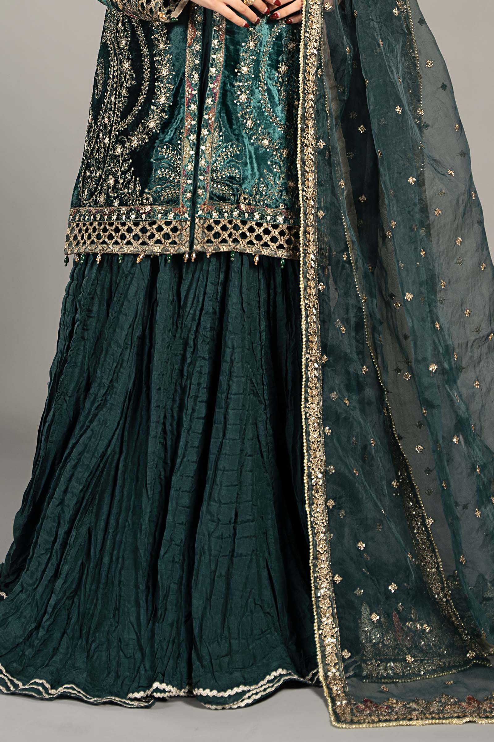 Teal Embroidered Velvet Lehenga Set (3-Piece) - Image 5