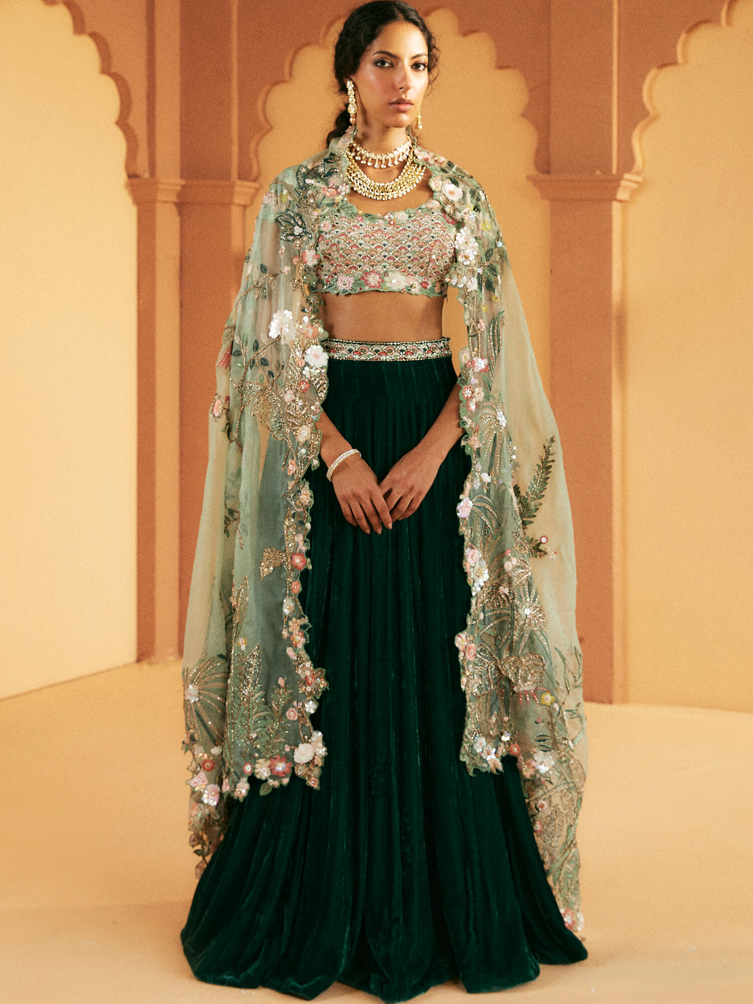 Aqua Zardozi Raw Silk Blouse with Teal Velvet Lehenga (3-Piece) - Image 1