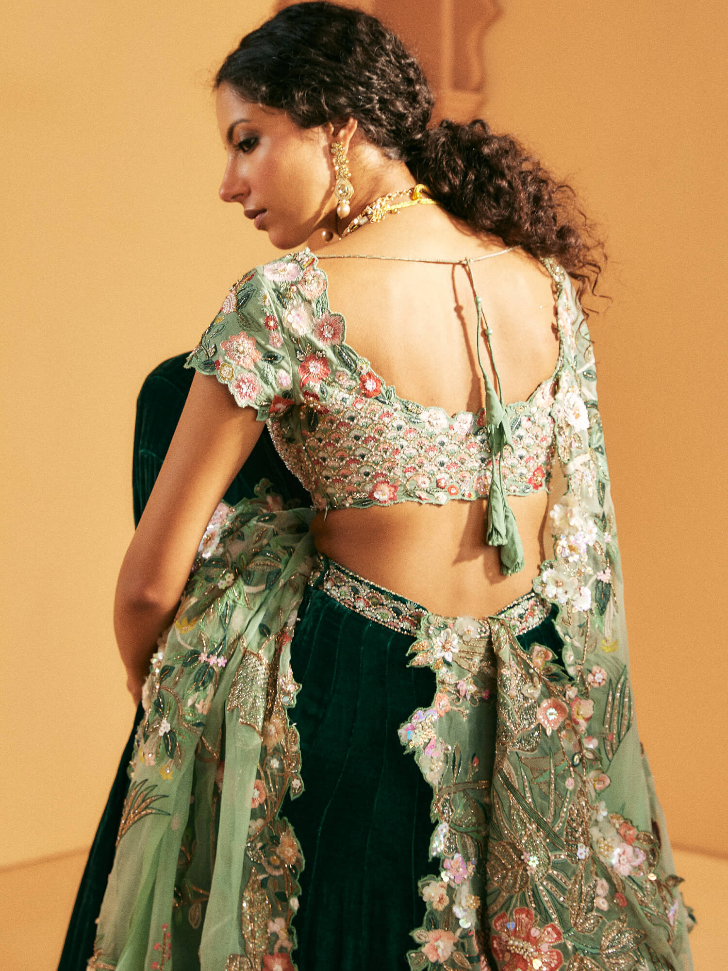 Aqua Zardozi Raw Silk Blouse with Teal Velvet Lehenga (3-Piece) - Image 2